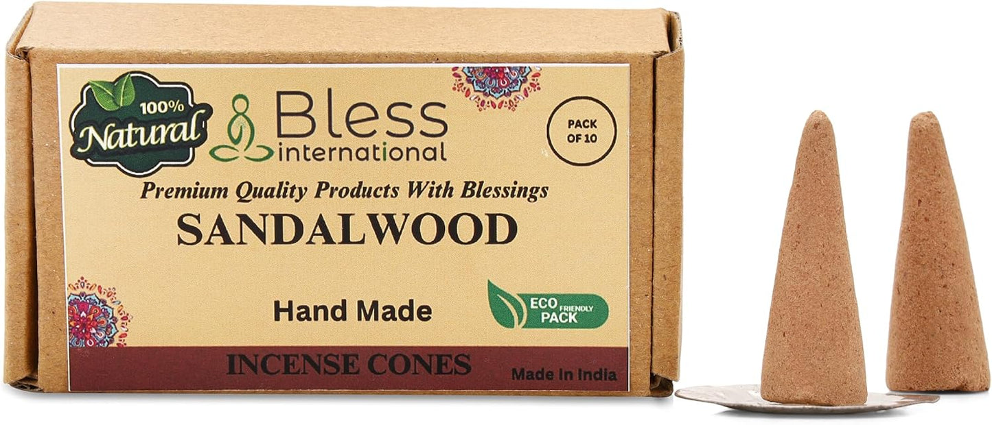 Bless International Sandalwood 100%-Natural-Incense-Cones Handmade-Hand-Dipped Organic-Chemicals-Free for-Purification-Relaxation-Positivity-Yoga-Meditation The-Best-scents (10 Count)