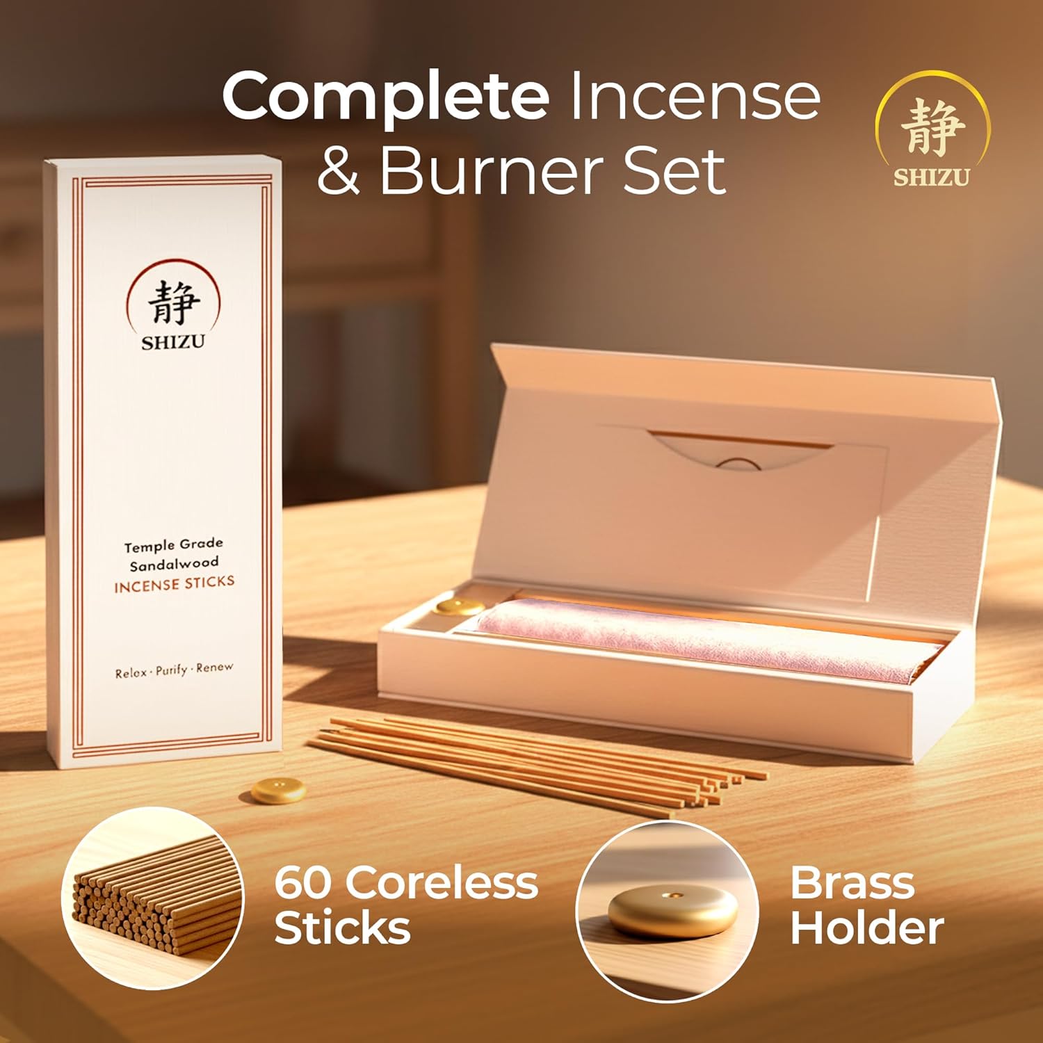 Shizu Sandalwood Incense Sticks – Artisanal Temple Grade Japanese Incense with Brass Holder – Subtle, Calming Scent for Relaxation, Meditation & Home Spa, Elegant Gift Set (60 Sticks)