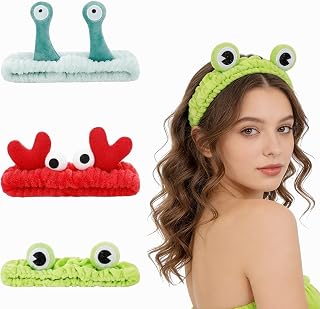 3Pcs Makeup Headband for Women, Spa Hairband with Fluffy Frog Deer Snails Designs Microfiber Head band Face Wash Headband Skincare Hair Accessories for Cosmetic Shower