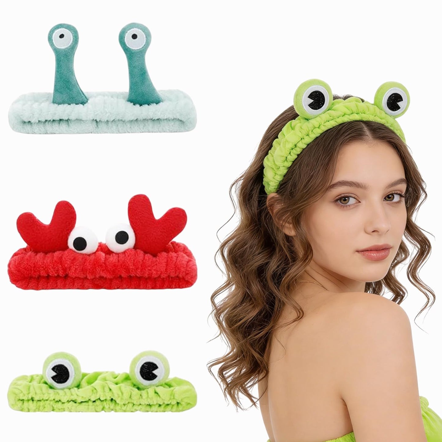 3Pcs Makeup Headband for Women, Spa Hairband with Fluffy Frog Deer Snails Designs Microfiber Head band Face Wash Headband Skincare Hair Accessories for Cosmetic Shower