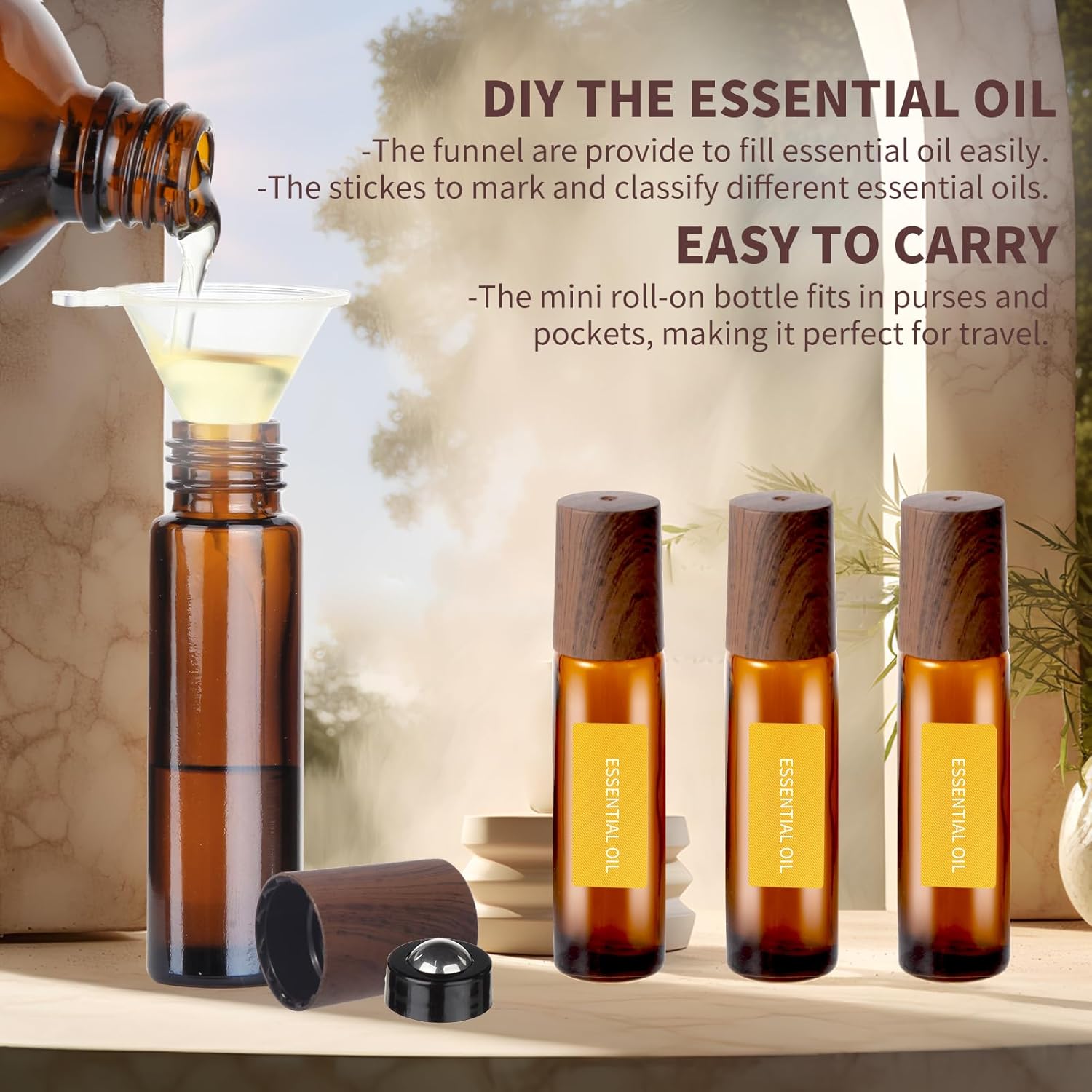 10ml Glass Roll-on Bottles – 4-Pcs Essential Oil Roller Bottles with Stainless Steel Roller-Balls, Perfect for Fragrance & Aromatherapy (Includes 1 Bottle Opener, 1 Sticker, and 1 Funnel)