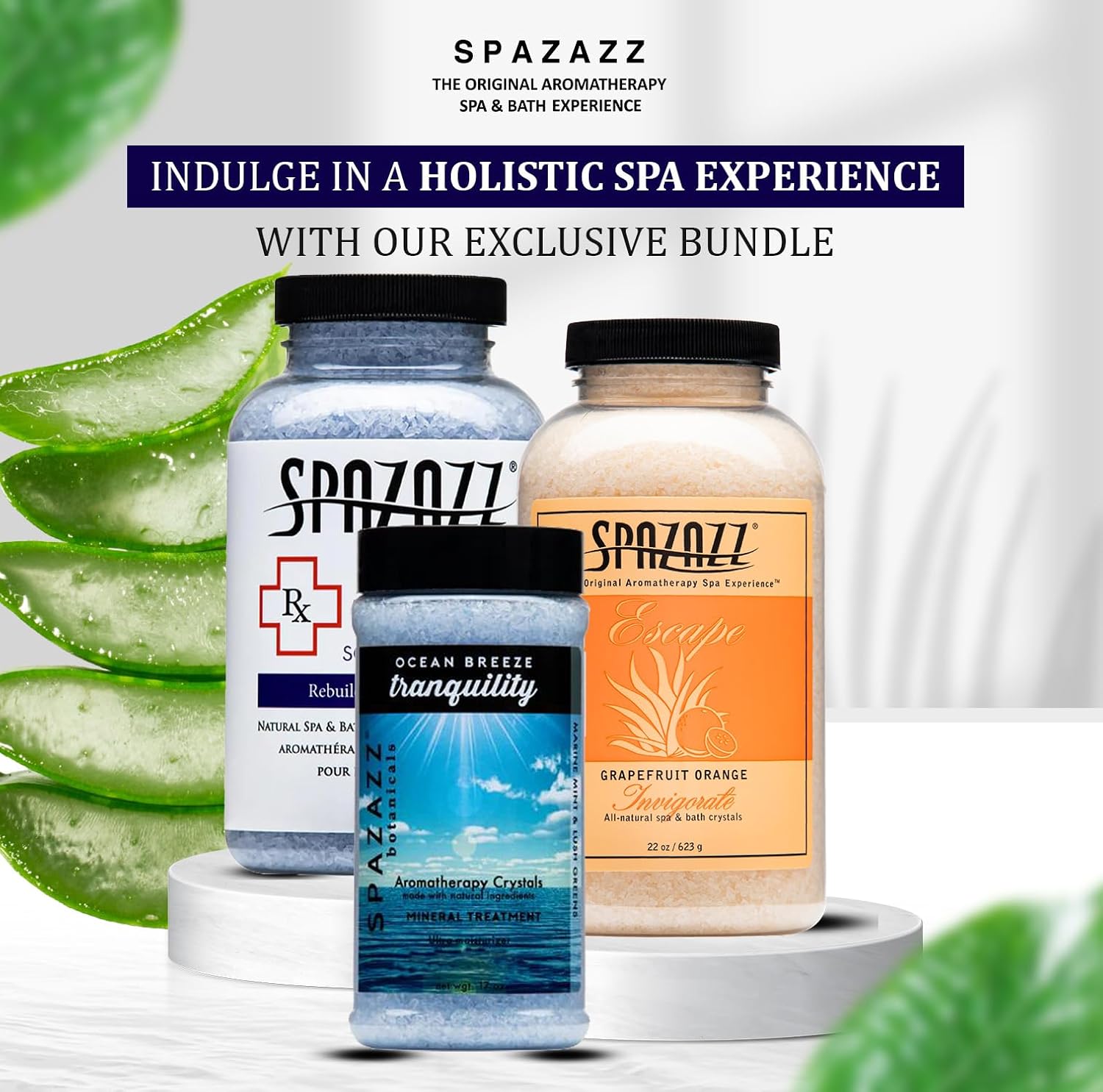 Spazazz Hot Tub Aromatherapy Crystals Bundle – 3 Pack Magnesium Bath Salt | Magnesium Aromatherapy Bath Salts; 22oz Escape Grapefruit Orange, 17oz Ocean Breeze Botanicals, 19oz RX Sport Therapy