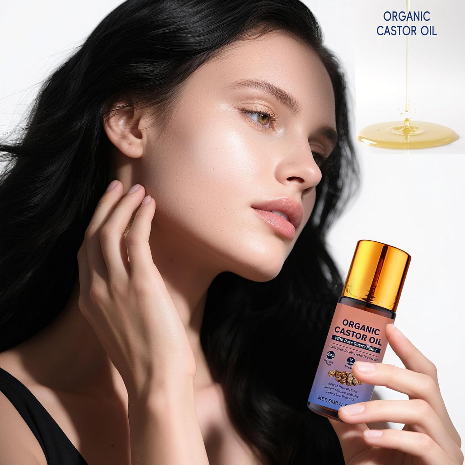 Organic Castor Oil Roll On with Rose Quartz Roller, 100% Castor Oil Organic Cold Pressed, Hexane-Free, for Face and Body, Hair, Eyebrows, Moisturize Skin -1pcs