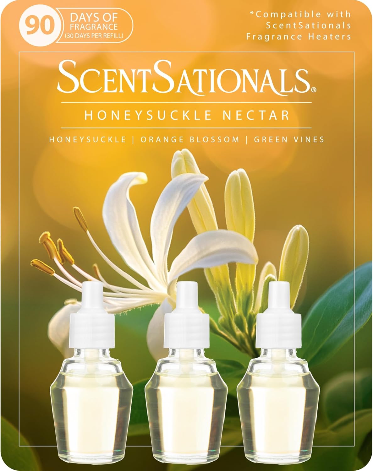 ScentSationals Honeysuckle Nectar Fragrance Oil Plug in Air Freshener Refills 3-Pack - Works with Scentsationals Wall Plugs, Long-Lasting Home Fragrance, 0.8 fl oz Each, Packaging May Vary