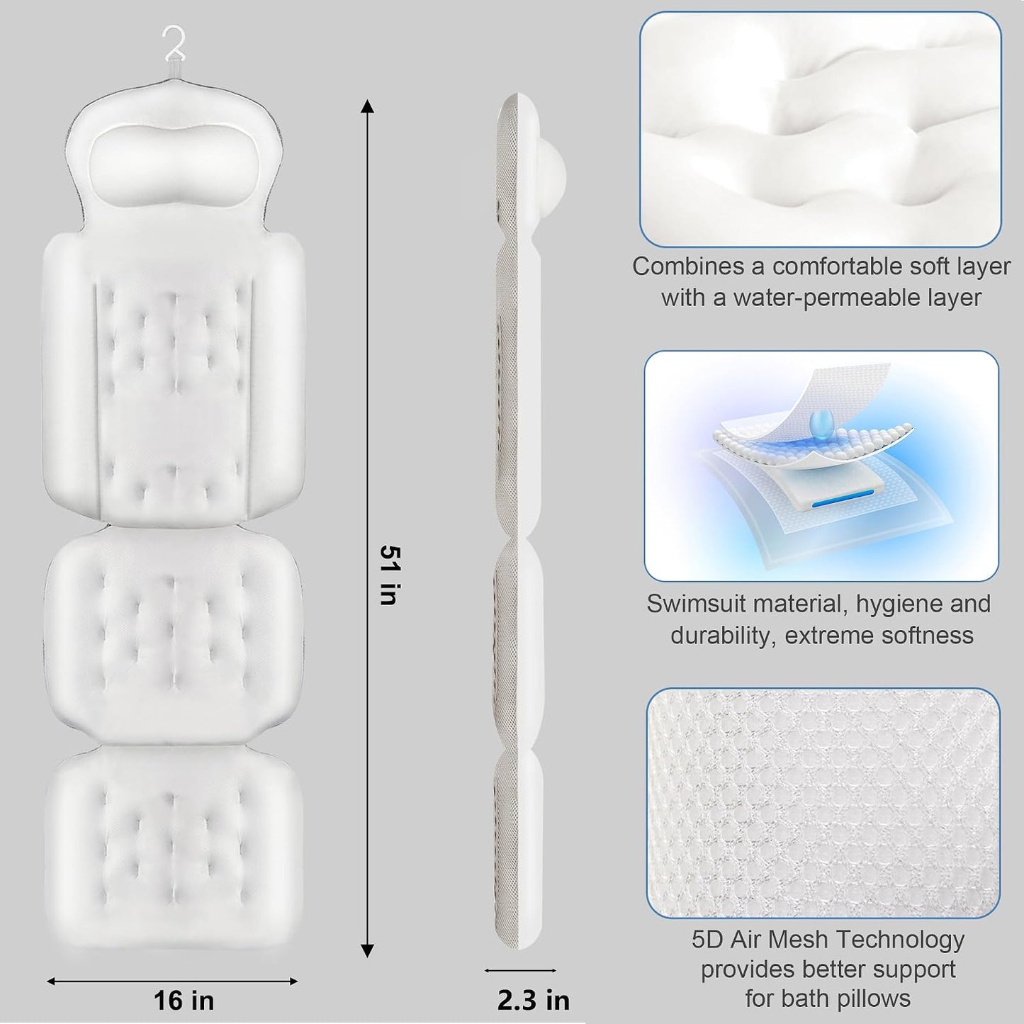 Luxury Full Body Bath Pillow for Bathtub, Bath Pillows for Tub with Mesh Laundry Bag, Cushion for Bathtub Headrest Neck Back Support - 5D Air Mesh & Quick Drying | White 51" x 16"