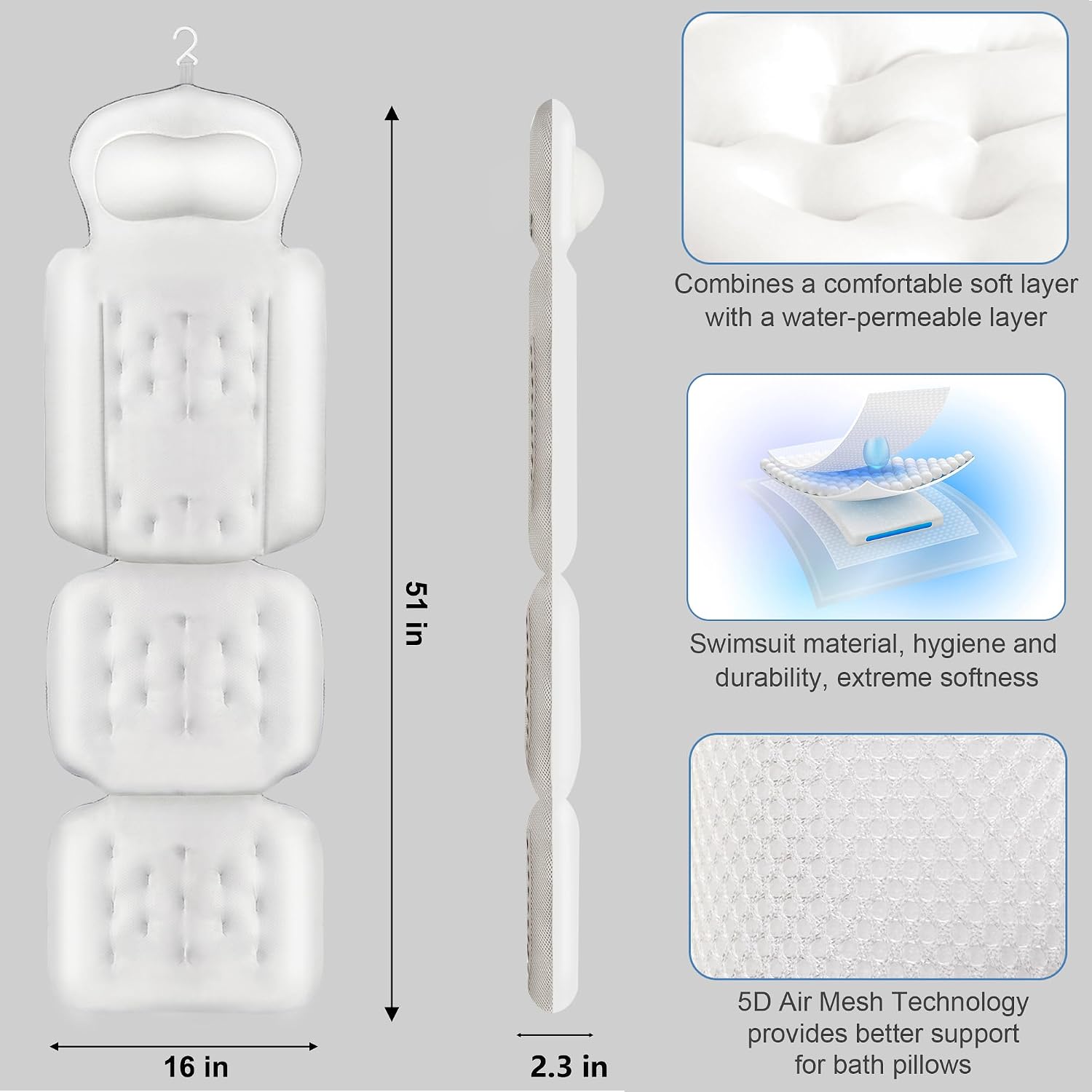 Luxury Full Body Bath Pillow for Bathtub, Bath Pillows for Tub with Mesh Laundry Bag, Cushion for Bathtub Headrest Neck Back Support - 5D Air Mesh & Quick Drying | White 51" x 16"