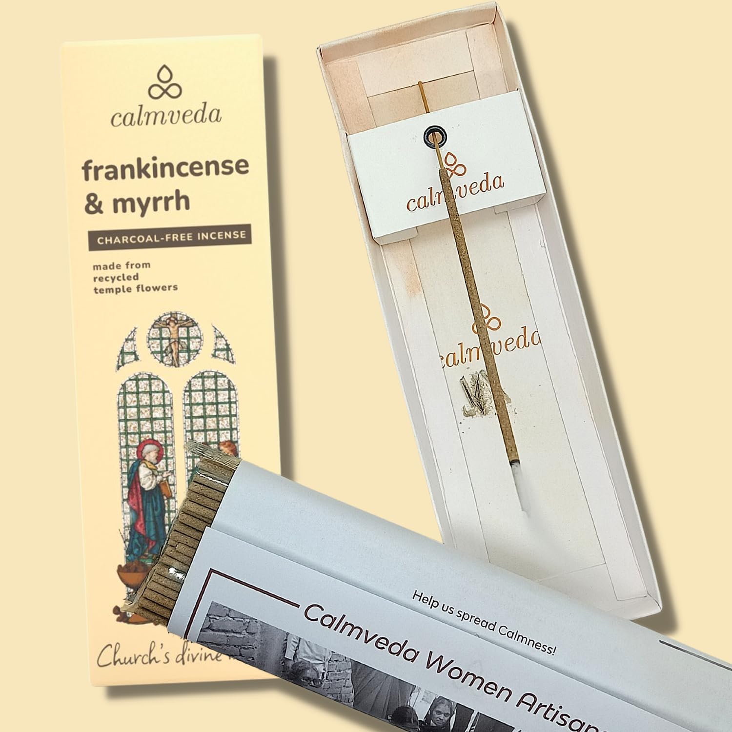 Calmveda Church Frankincense and Myrrh Incense - 80 Sticks, Charcoal Free, Handmade from Upcycled Flowers, Spiritual Healing Incense
