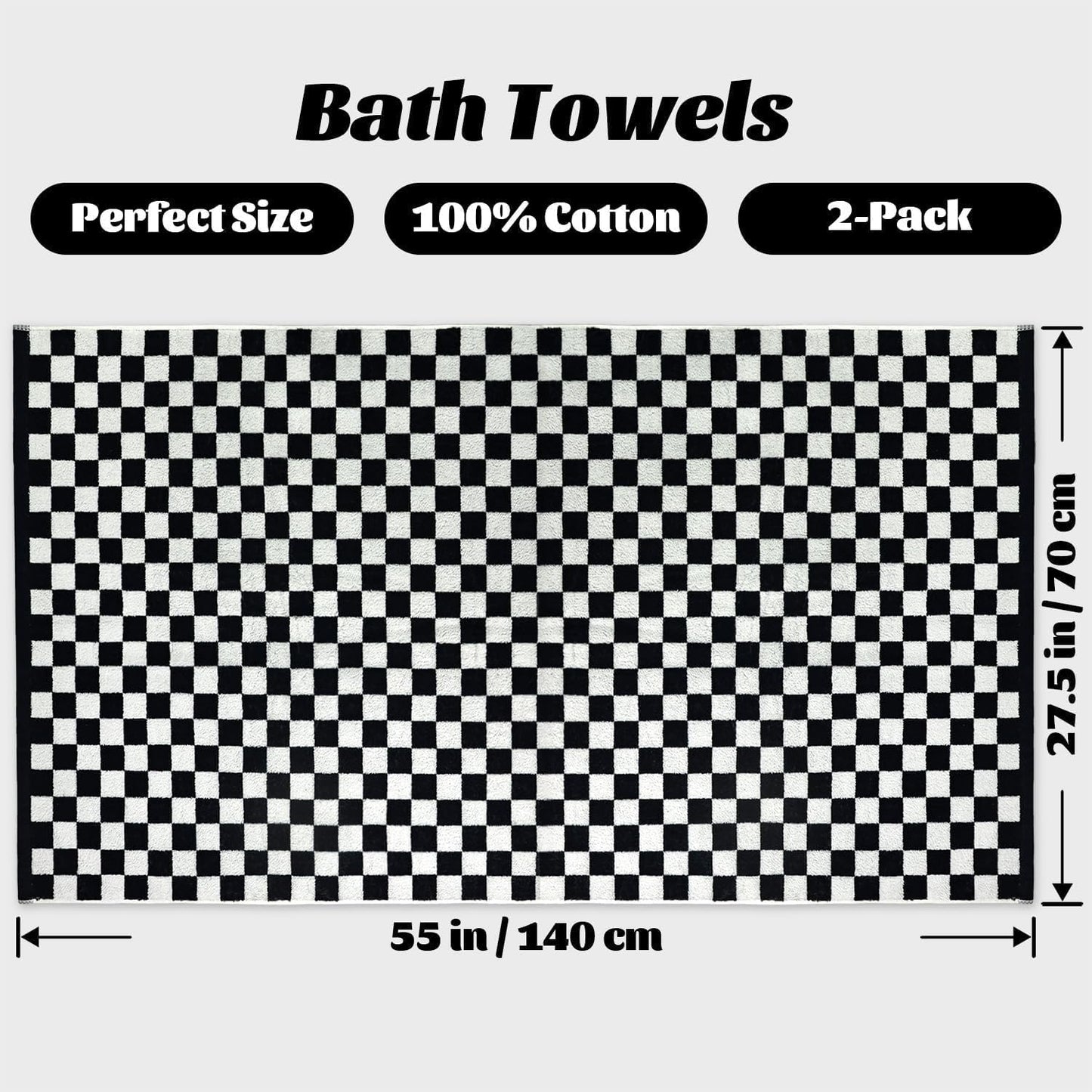 Jacquotha Black and White Checkered Cotton Bath Towels Set of 2 - Cute Aesthetic Towels for Bathroom Decor, Pool, Beach, Spa, 27.5" x 55"