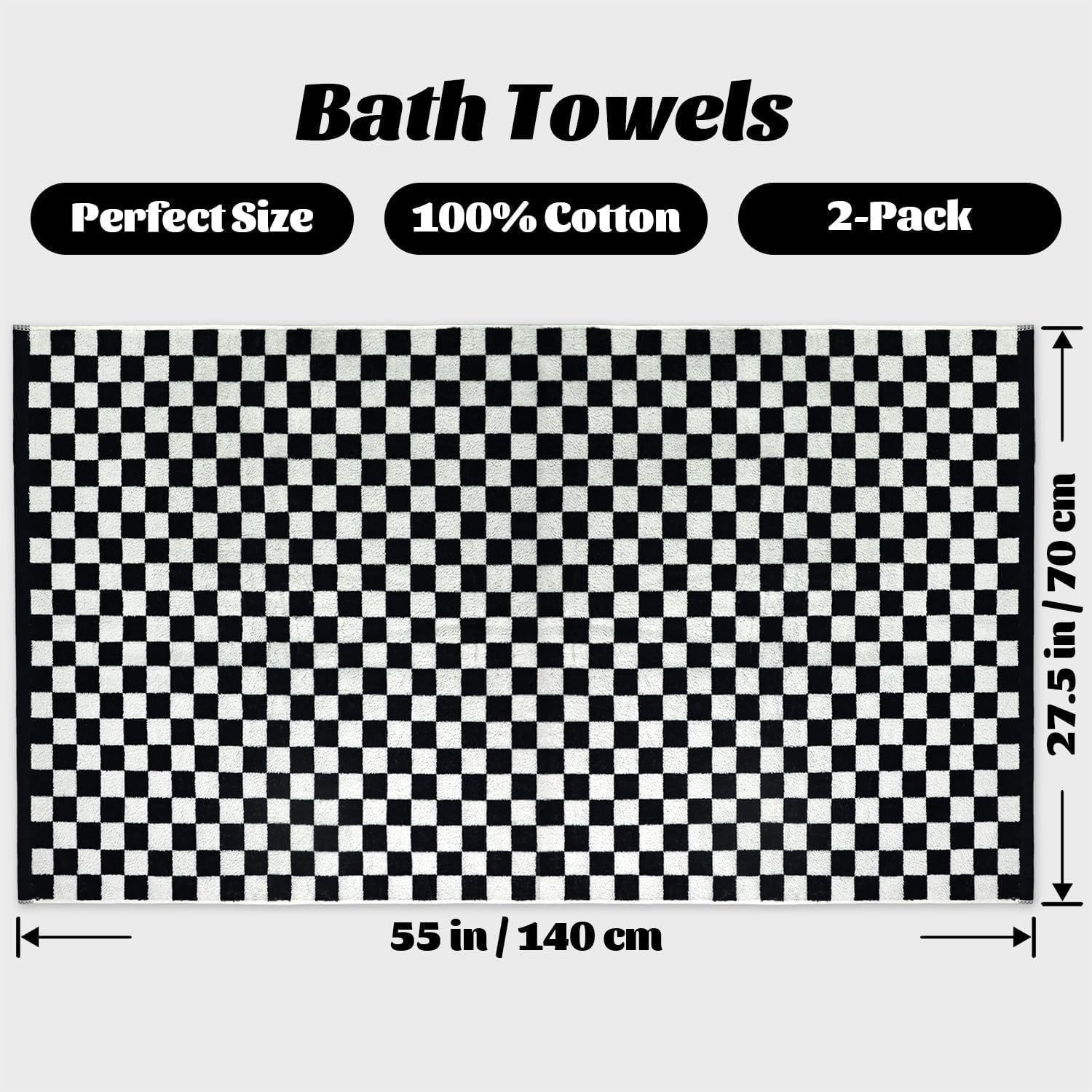 Jacquotha Black and White Checkered Cotton Bath Towels Set of 2 - Cute Aesthetic Towels for Bathroom Decor, Pool, Beach, Spa, 27.5" x 55"
