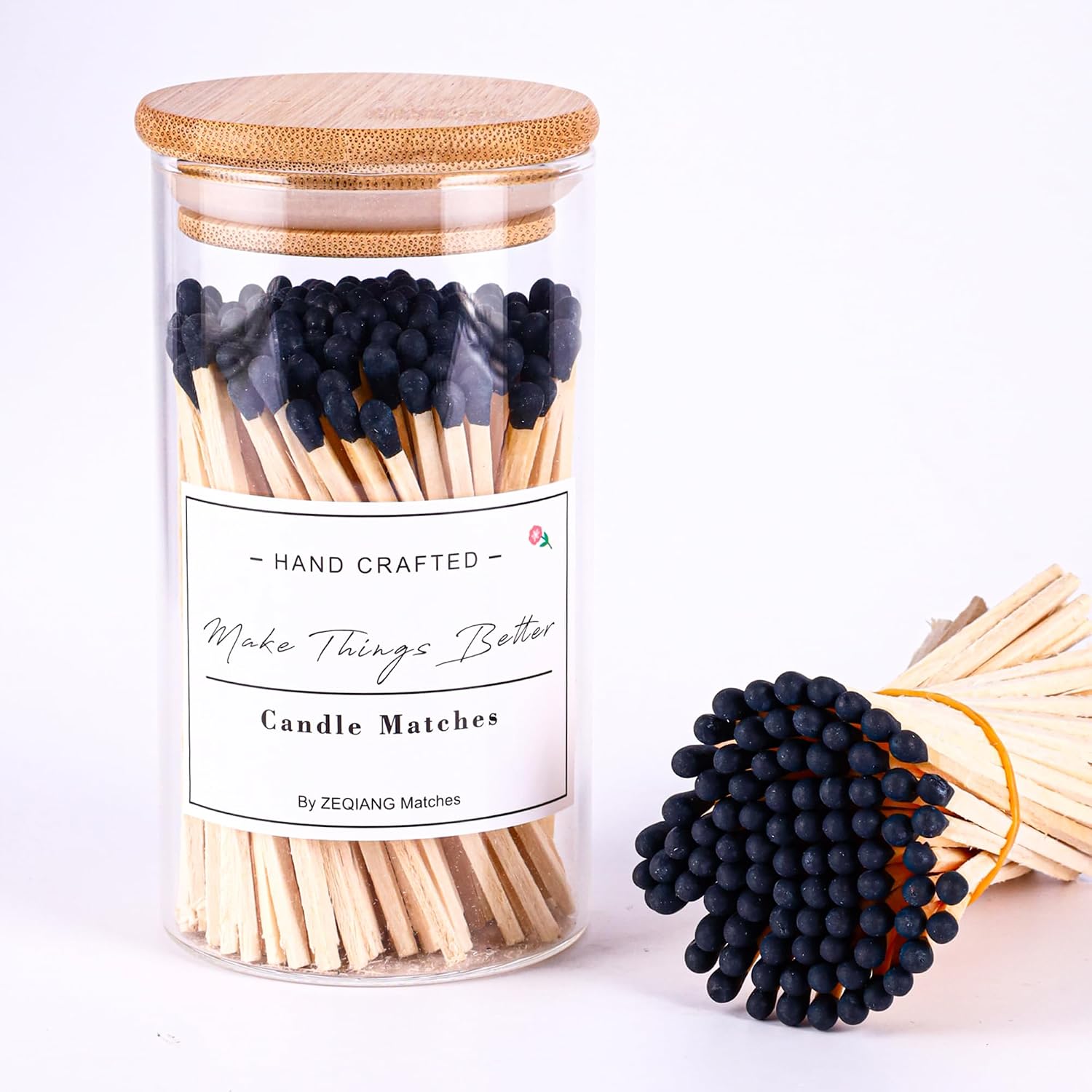Black Matches Included (150Pcs), Glass Match Holder with Striker, Glass Match Cloche with Striker, Match Bottle with Candles Matches, 3'' Wooden Safety Matches for Candles BBQ Grill Fireplace