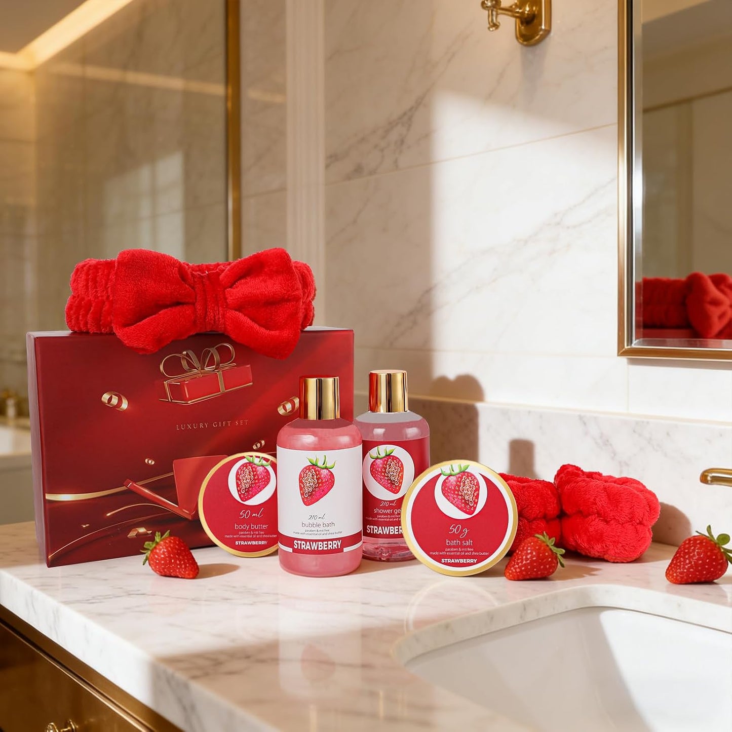 Mothers Day Gifts for Women, Strawberry Bliss 9 Pcs Bath Gift Set for Women - Moisturizing Skin Care Set with Body Butter | Self Care Kit for Birthday, Valentines Day, Christmas Gift in Premium Box