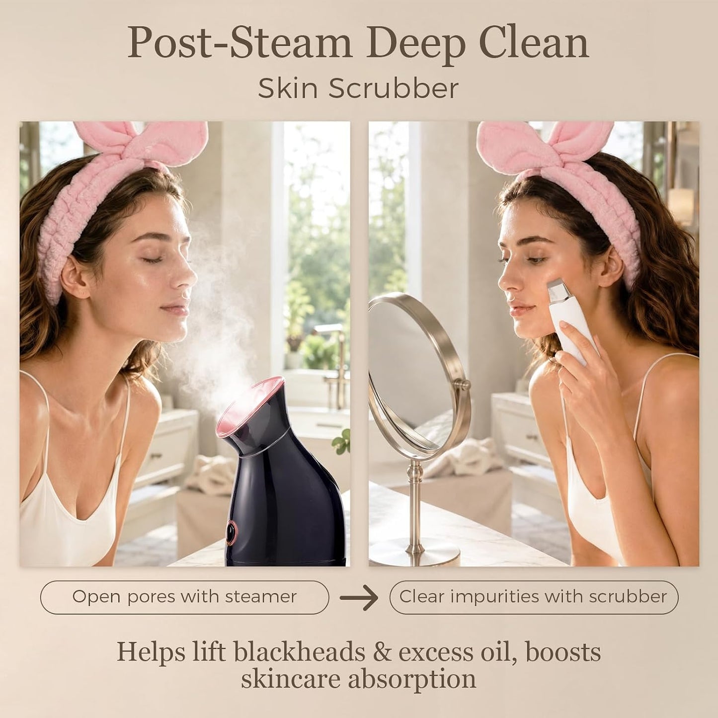 Facial Steamer Deep Cleaning Kit: Nano Ionic Face Steamer with 8 Skin Care Tools Home Spa Clean Refresh Repair for Unclogging Pores & Sinuses - Self Care Gifts for Women (Black Rose Gold)