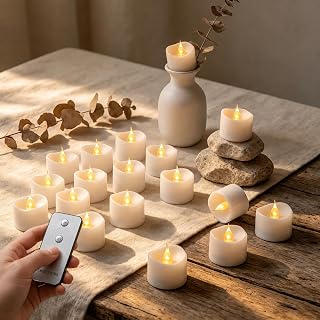 24 Pack LED Tea Lights with Remote Control, Flameless Battery Operated Tealight Candles, Warm White Flickering, Long Lasting for Home Decor, Wedding, Halloween, Christmas, Party (Batteries Included)
