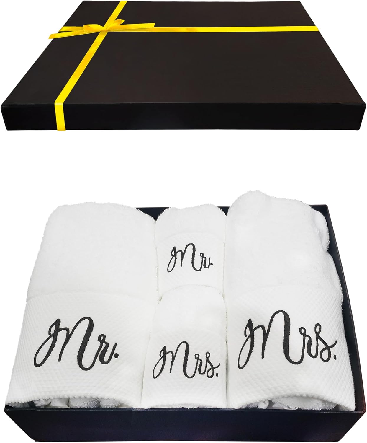 RUBBER BOND Mr and Mrs Towels Set with Gift Box - 4 Pack Bath and Hand Towels for Couples - Hotel, Spa & Bathroom Cotton Towels for The Couples (Black Embroidery)