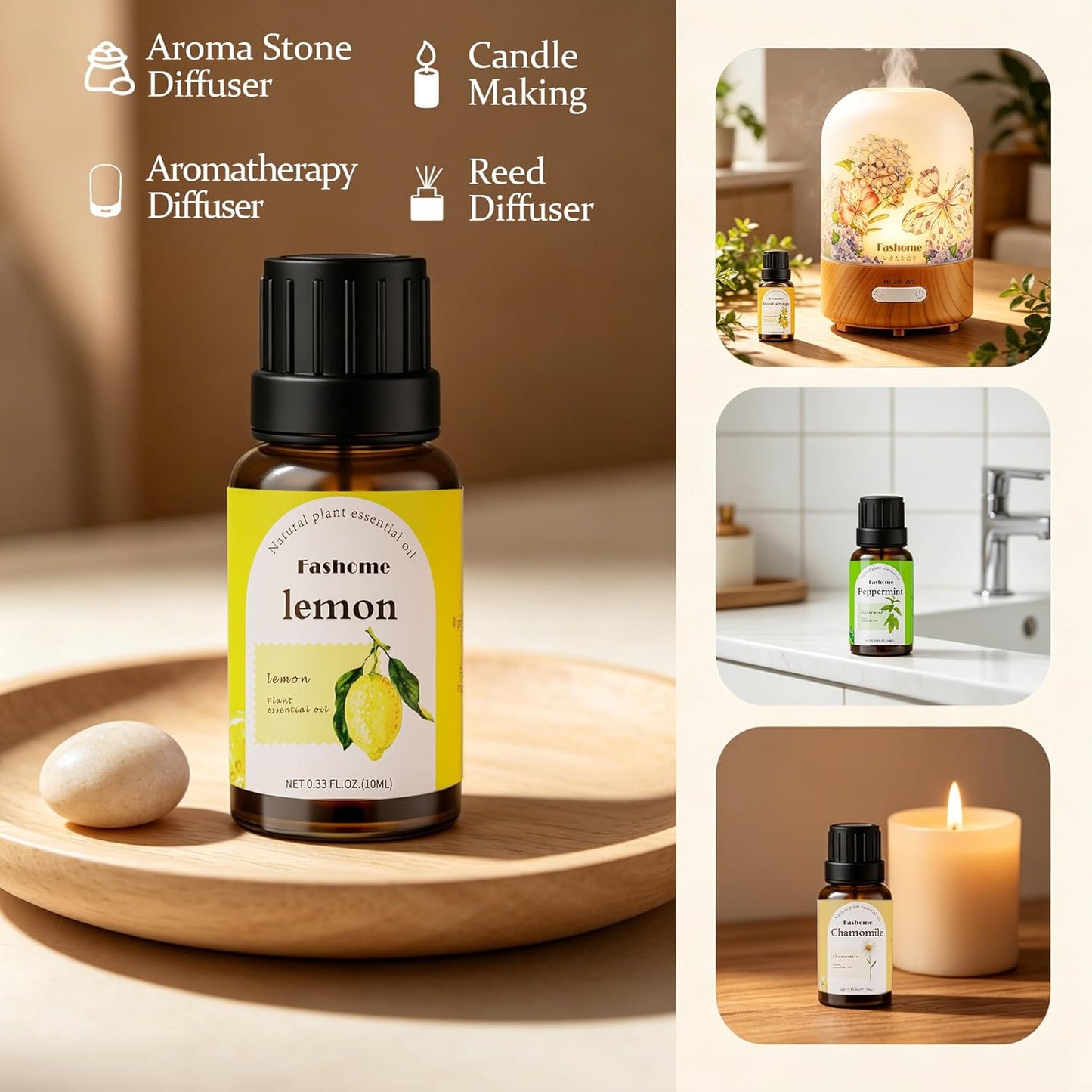 Fashome Essential Oil Blends Set for Diffuser - Energizing Citrus & Fresh Scent - Plant-Based Aromatherapy Oils for Home & DIY 6-Pack x 10ml (Peppermint, Lemon, Ginger,Orange, Magnolia, Chamomile)