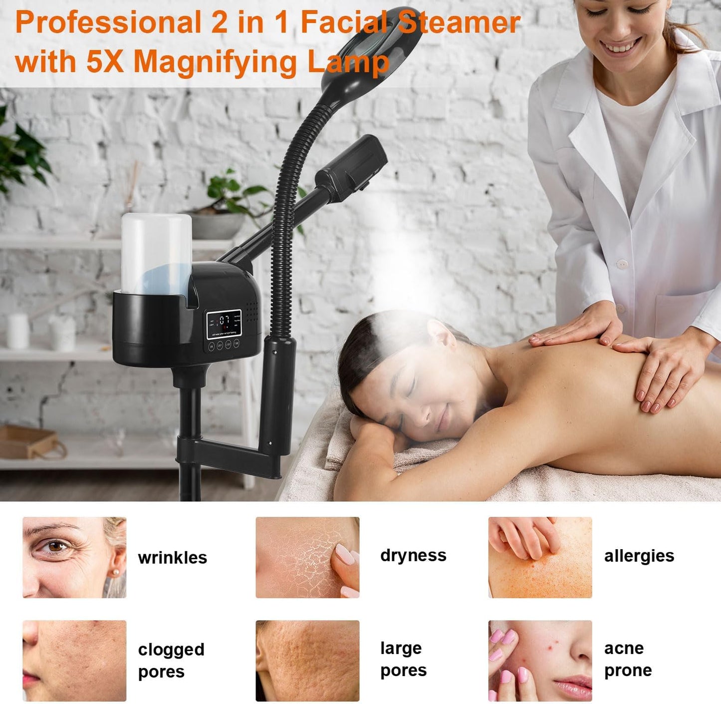 Professional Facial Steamer with 5X Magnifying Lamp, 2 in 1 Facial Steamer Upgrade PTC Heating, Esthetician Steamer Black Face Steamer for Salon Spa Beauty Skin Care (Black)