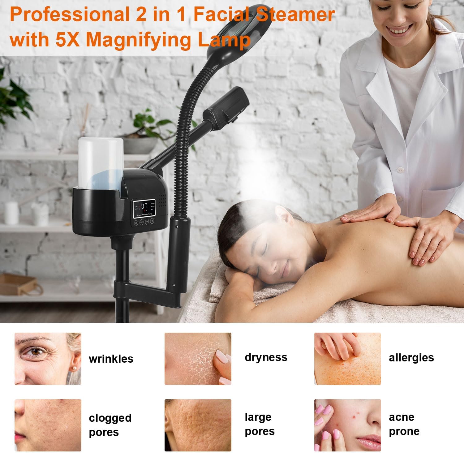 Professional Facial Steamer with 5X Magnifying Lamp, 2 in 1 Facial Steamer Upgrade PTC Heating, Esthetician Steamer Black Face Steamer for Salon Spa Beauty Skin Care (Black)