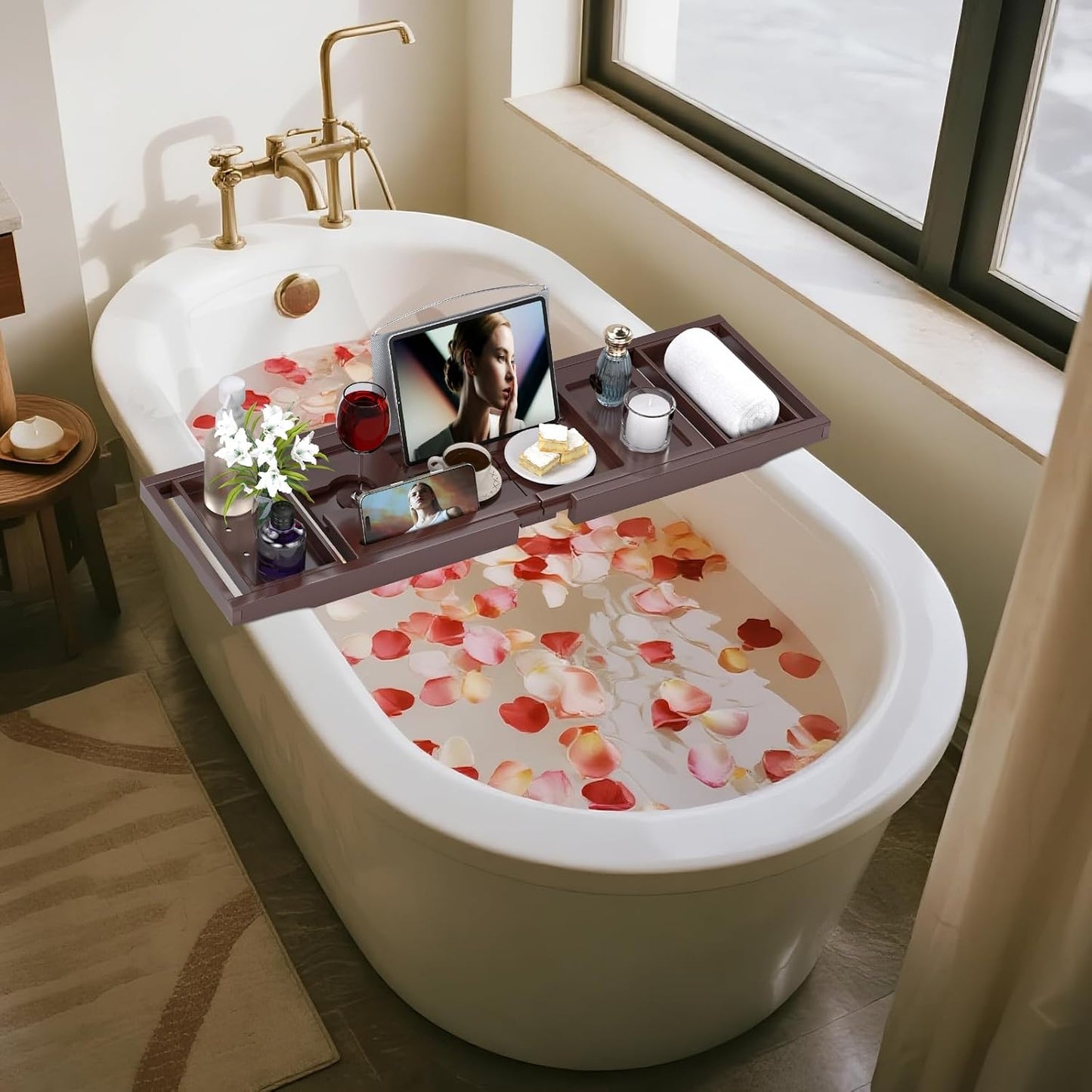 Bathtub Tray Caddy, Expandable Bath Trays for Tub, Bamboo Shelf & Table with Wine Glass Holder,Bathroom Accessories for New Home & Mothers Day & Birthday Gifts for Mom,Brown