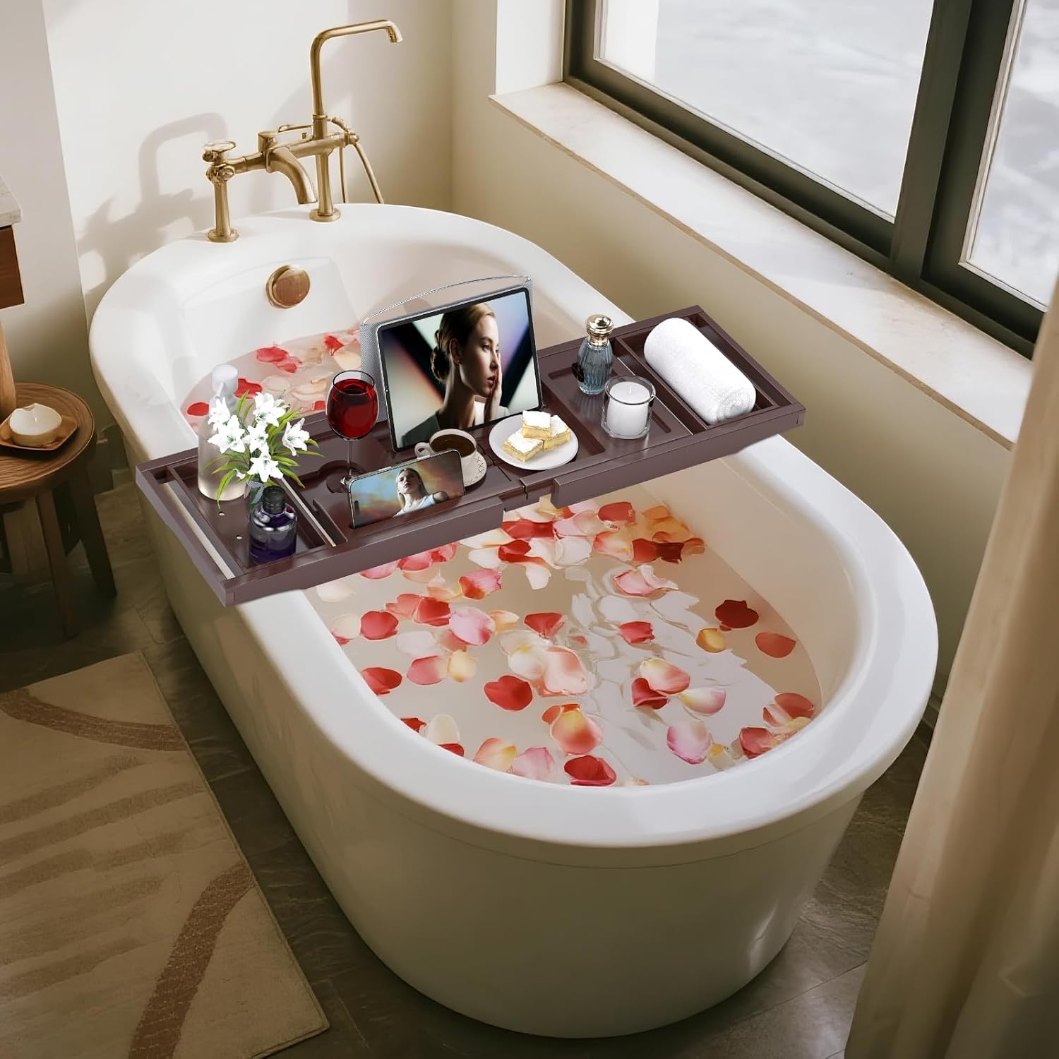Bathtub Tray Caddy, Expandable Bath Trays for Tub, Bamboo Shelf & Table with Wine Glass Holder,Bathroom Accessories for New Home & Mothers Day & Birthday Gifts for Mom,Brown