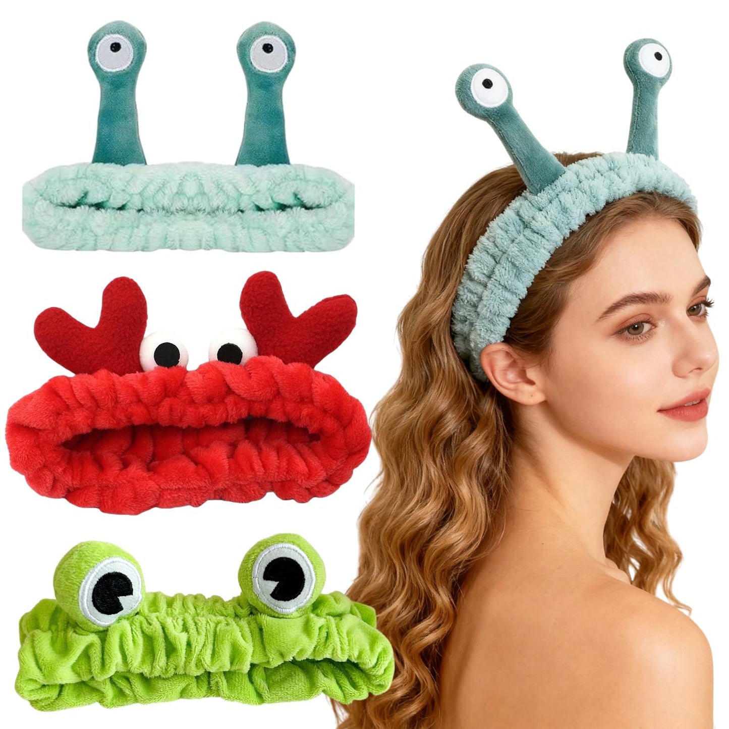 3pcs Spa Headband Cute Hair Band for Washing Face Women Microfiber Makeup Headbands with Snails Frog Crab Designs Coral Fleece Face Wash Facial Head Wraps Hair Lace for Cosmetic Shower