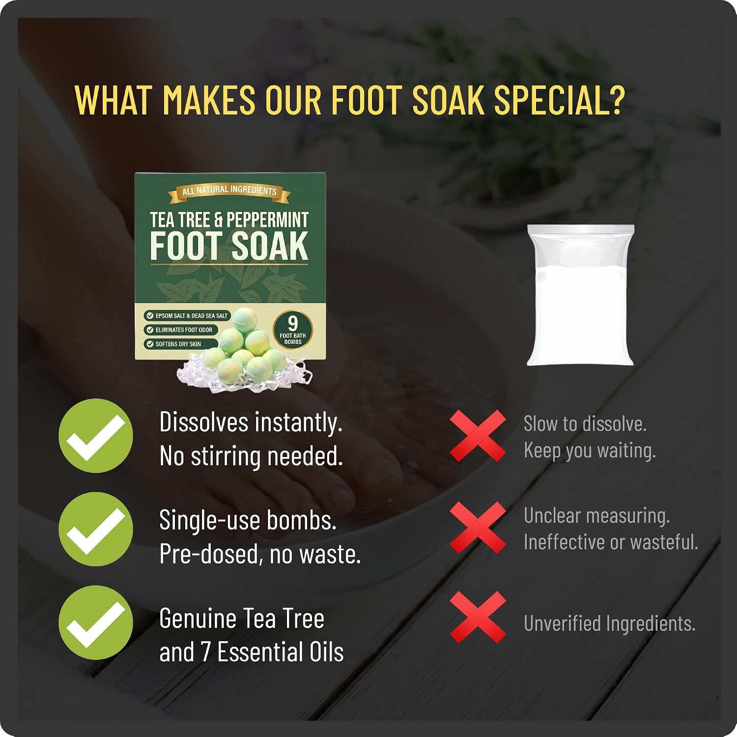 Tea Tree Oil Foot Soak Bombs with Epsom Salt, Cleanses & Refreshes, Softens Calluses, Soothes Tired Feet, Athletes Foot, Therapeutic Blend of Epsom Salt, Dead Sea Salt & 8 Essential Oils