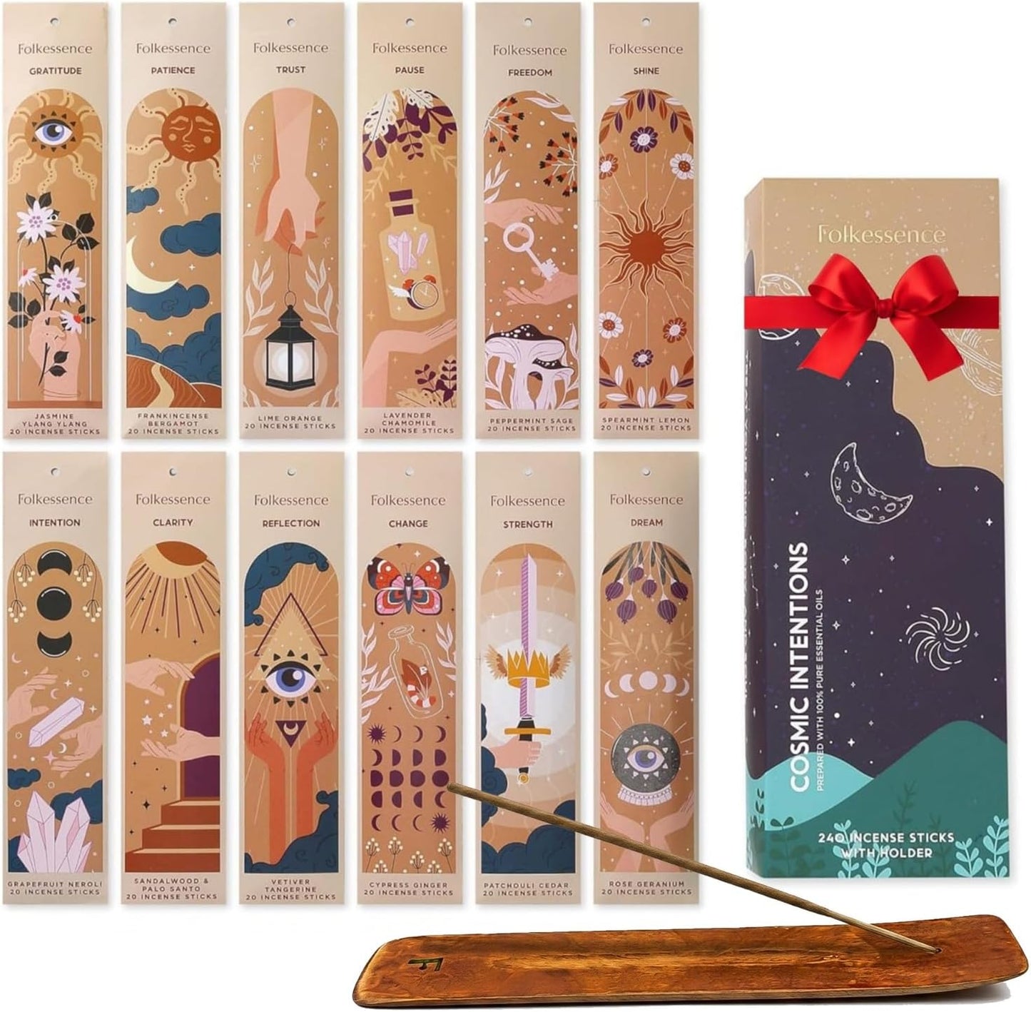 Folkulture Incense Sticks (240 Sticks) | Set of 12 Incense Sticks Variety Pack Aromatherapy Gifts | No Charcoal, Organic, Non Toxic, 45 Mins, Long Burning Jasmine, Patchouli, Palo Santo Insence-Sticks