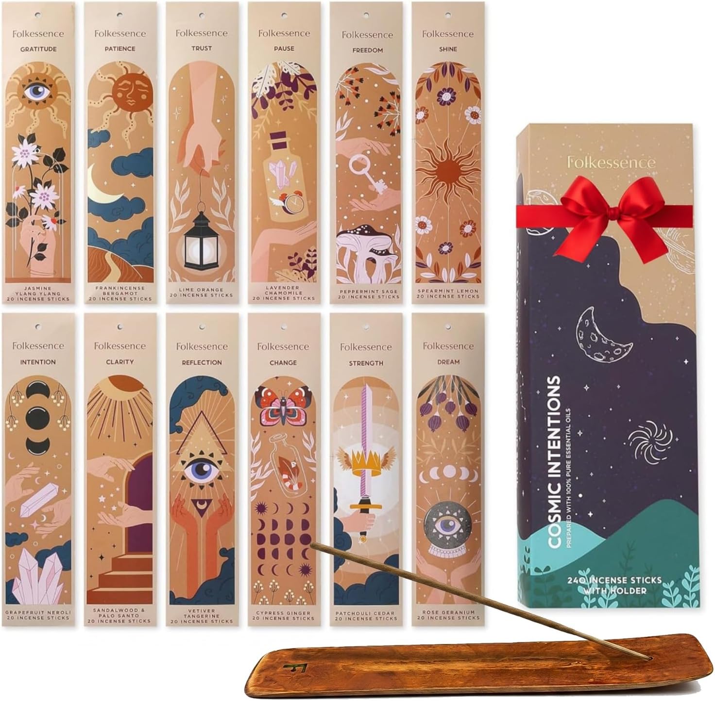 Folkulture Incense Sticks (240 Sticks) | Set of 12 Incense Sticks Variety Pack Aromatherapy Gifts | No Charcoal, Organic, Non Toxic, 45 Mins, Long Burning Jasmine, Patchouli, Palo Santo Insence-Sticks