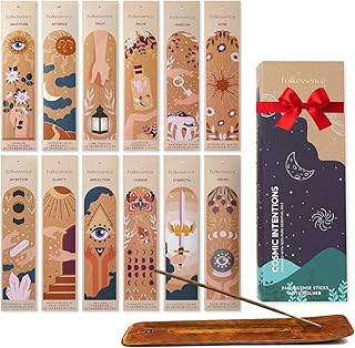Folkulture Incense Sticks (240 Sticks) | Set of 12 Incense Sticks Variety Pack Aromatherapy Gifts | No Charcoal, Organic, Non Toxic, 45 Mins, Long Burning Jasmine, Patchouli, Palo Santo Insence-Sticks