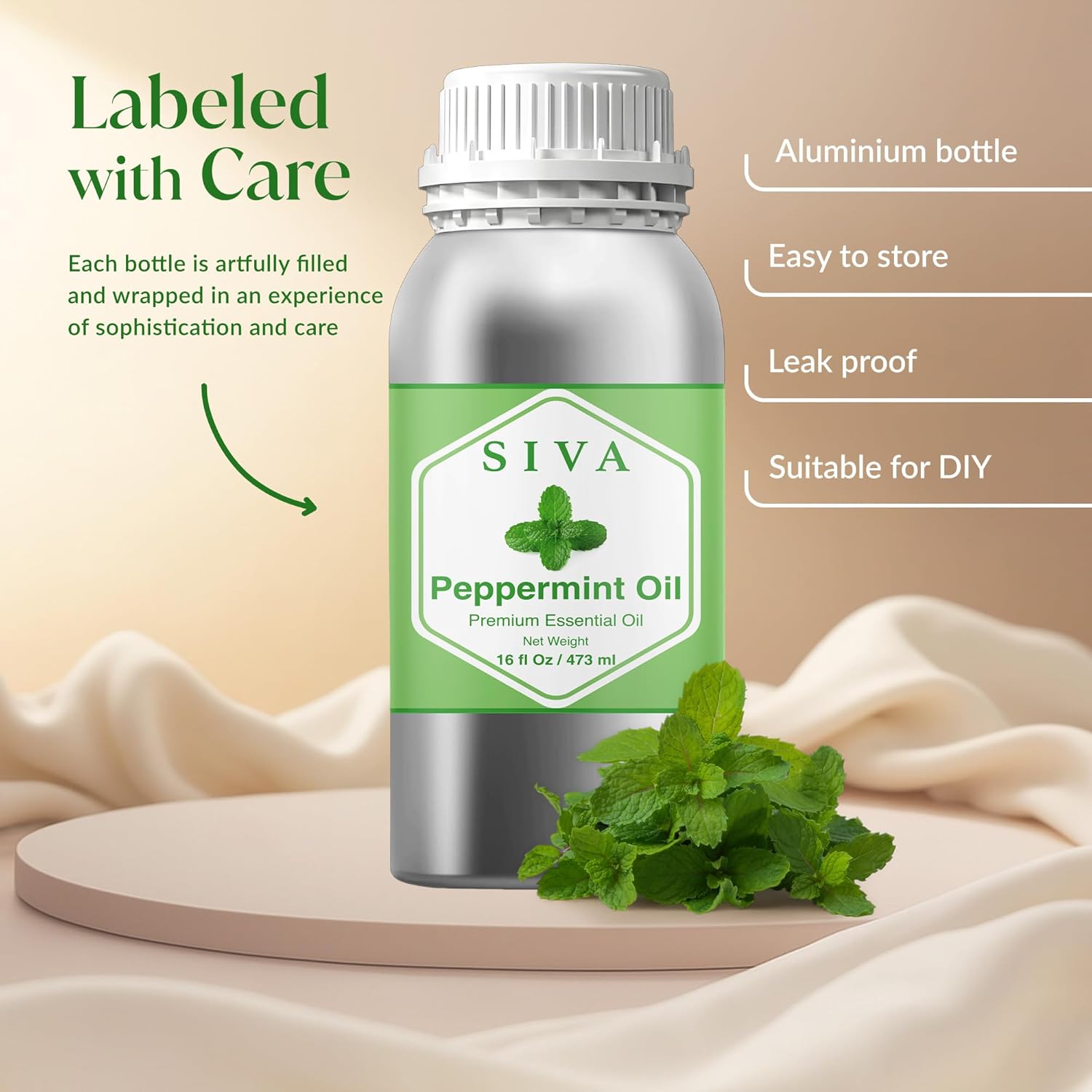 Siva Peppermint Essential Oil - 16 Fl Oz – 100% Natural Peppermint Oil - for Diffuser, Face, Skin Care, Aromatherapy, Hair Care, Scalp and Body Massage