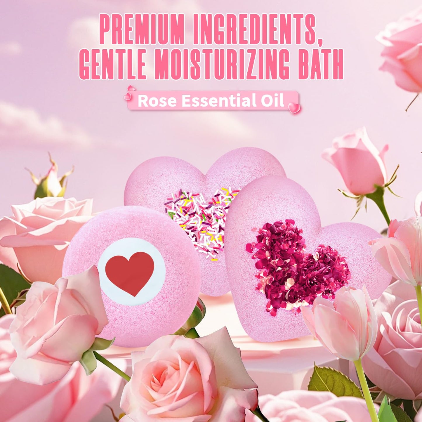 Rose Bath Bombs for Women XXL, Gifts for Mom, 4-Pack Handmade Natural & Organic Rose Essential Oil, Pink Teacher Appreciation Gifts for Wife Daughter Girlfriend Coworkers