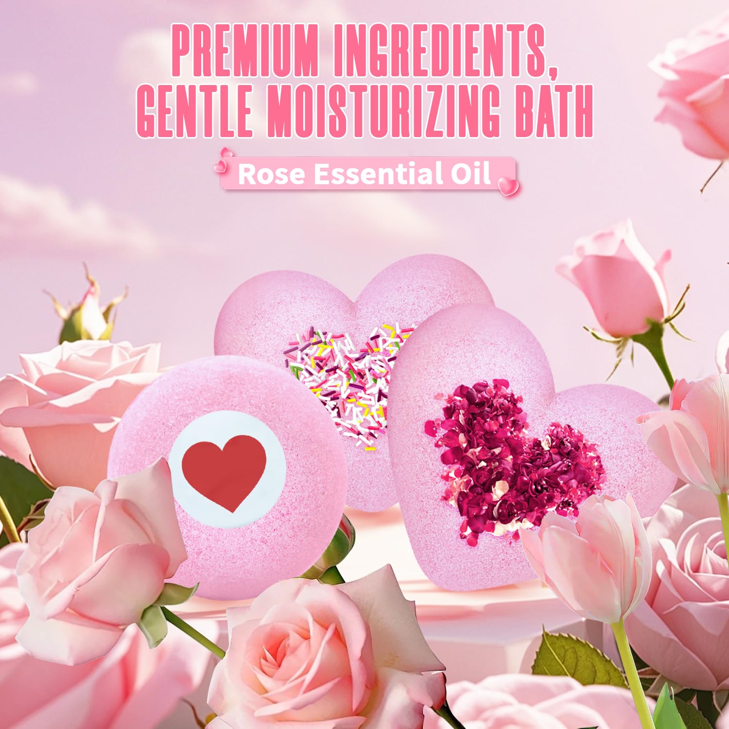 Rose Bath Bombs for Women XXL, Gifts for Mom, 4-Pack Handmade Natural & Organic Rose Essential Oil, Pink Teacher Appreciation Gifts for Wife Daughter Girlfriend Coworkers