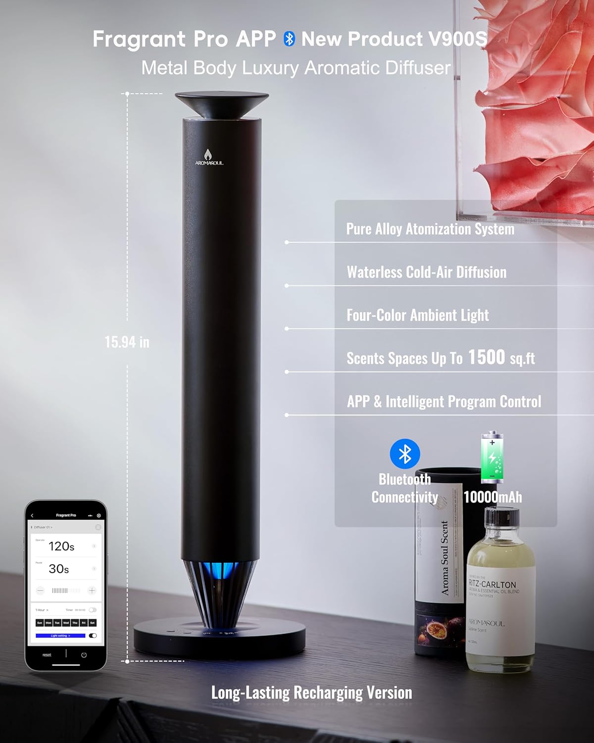 Wireless Rechargeable Hotel Scent Diffuser Starter Kit - 1500 Sq Ft Coverage, Alloy Atomization System,Mood Light,Waterless Oil Diffuser, Including 120ml Essential Oil, for Home,Large Room,Spa,Black