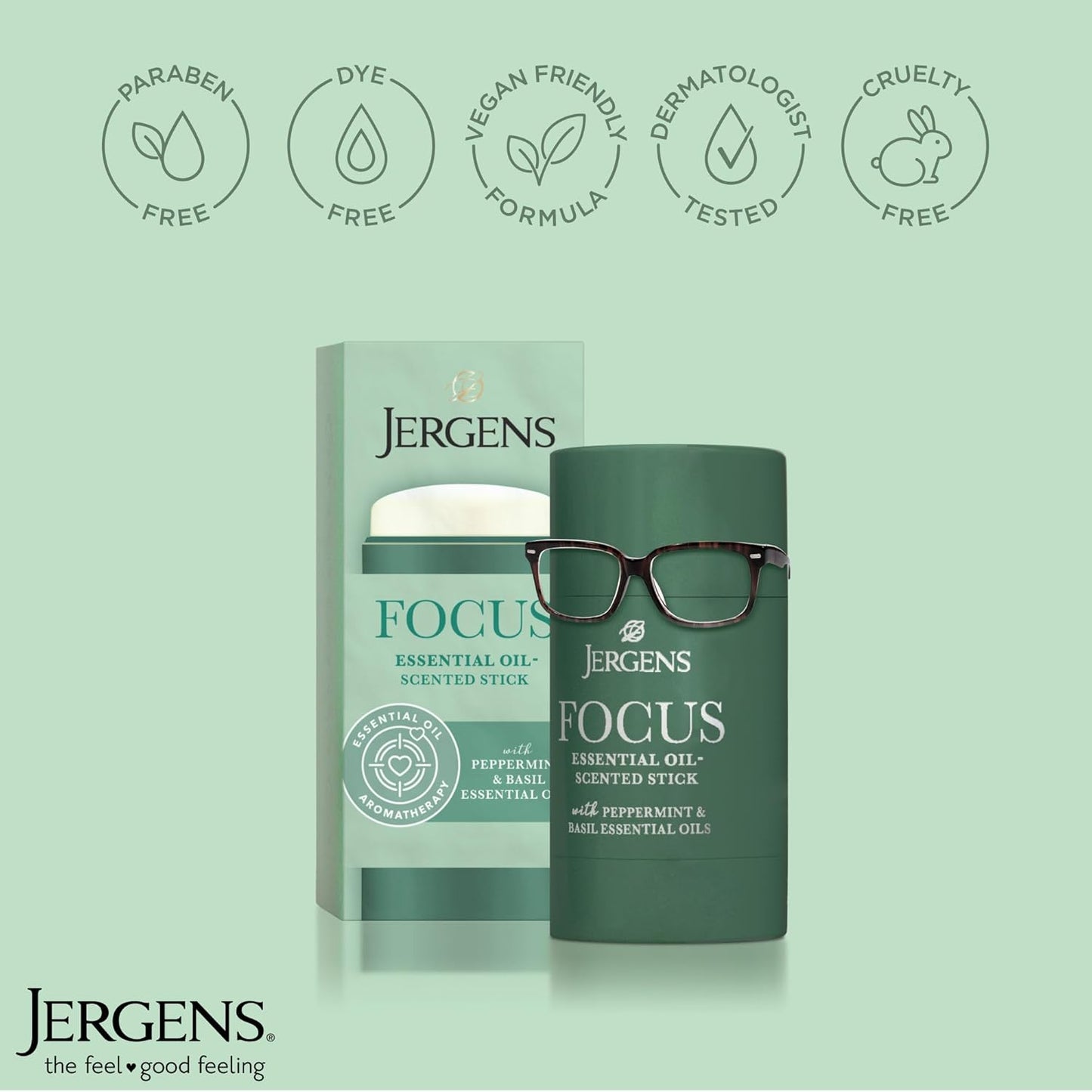 Jergens Focus Essential Oil-Scented Stick, Aromatherapy Stick Crafted with Peppermint and Basil Essential Oils, 0.9 Oz