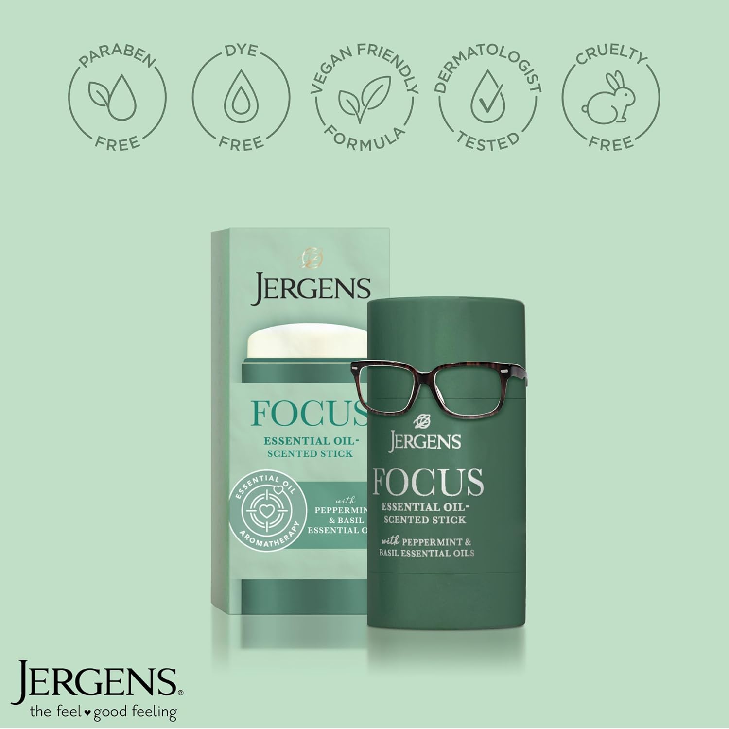 Jergens Focus Essential Oil-Scented Stick, Aromatherapy Stick Crafted with Peppermint and Basil Essential Oils, 0.9 Oz