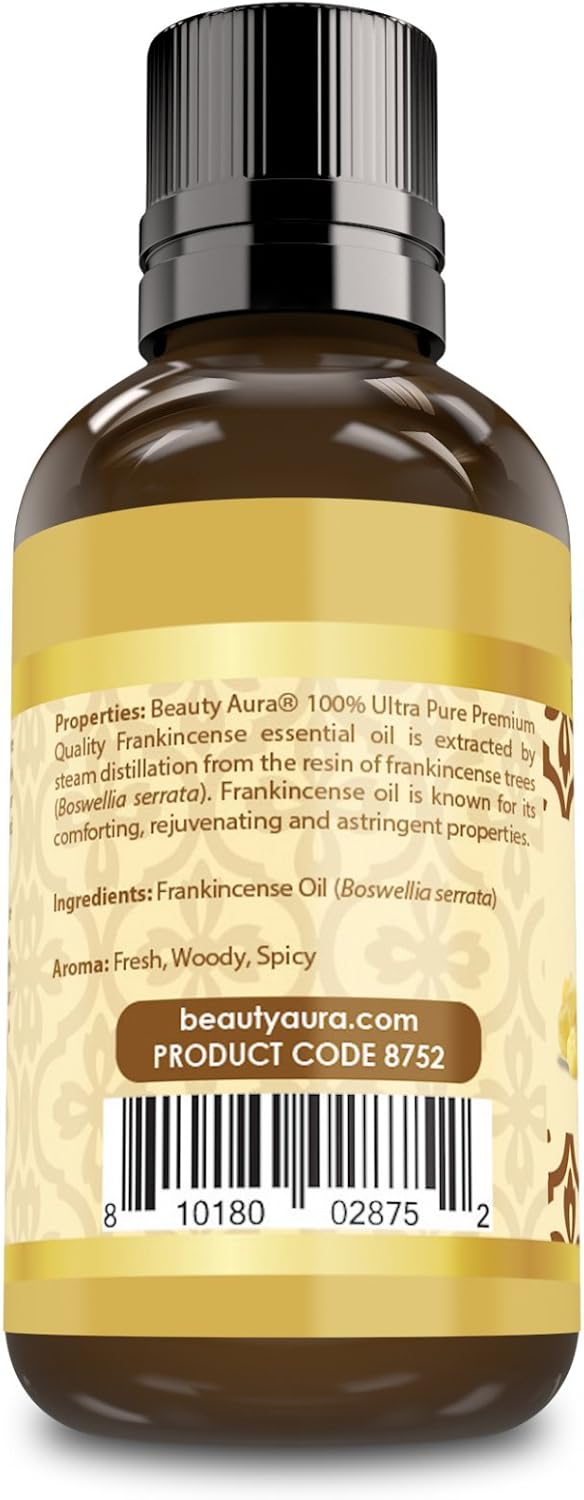 Beauty Aura Premium Collection Ultra Pure Frankincense Essential Oil - 1 Oz Bottle - Steam Distilled from Sacred Boswellia Tree Resin - Use for Beauty Care, Massages & More