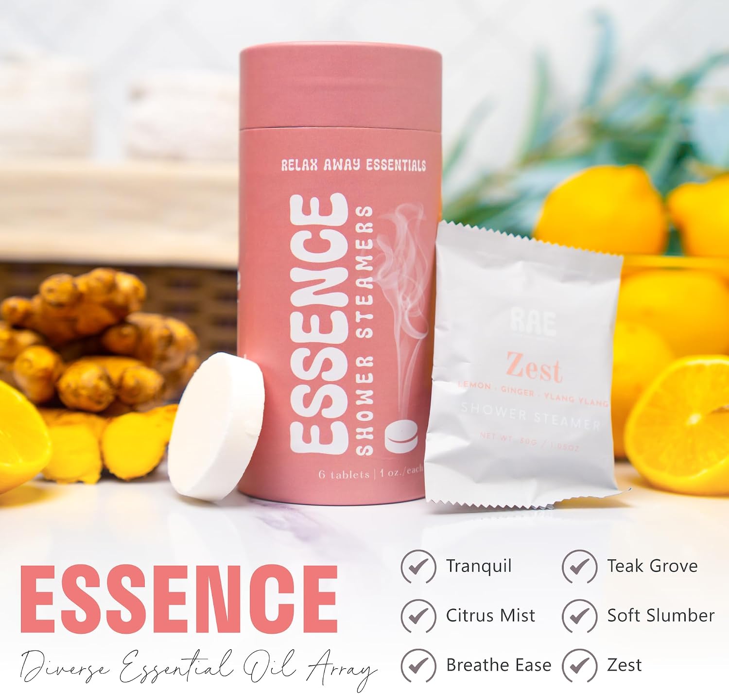 Relax Away Essence Shower Steamers 6 Pack - Essential Oil Aromatherapy - Tranquil, Citrus Mist, Breathe Ease, Teak Grove, Soft Slumber, Zest - Rejuvenate & Relax - Earth-Friendly Packaging