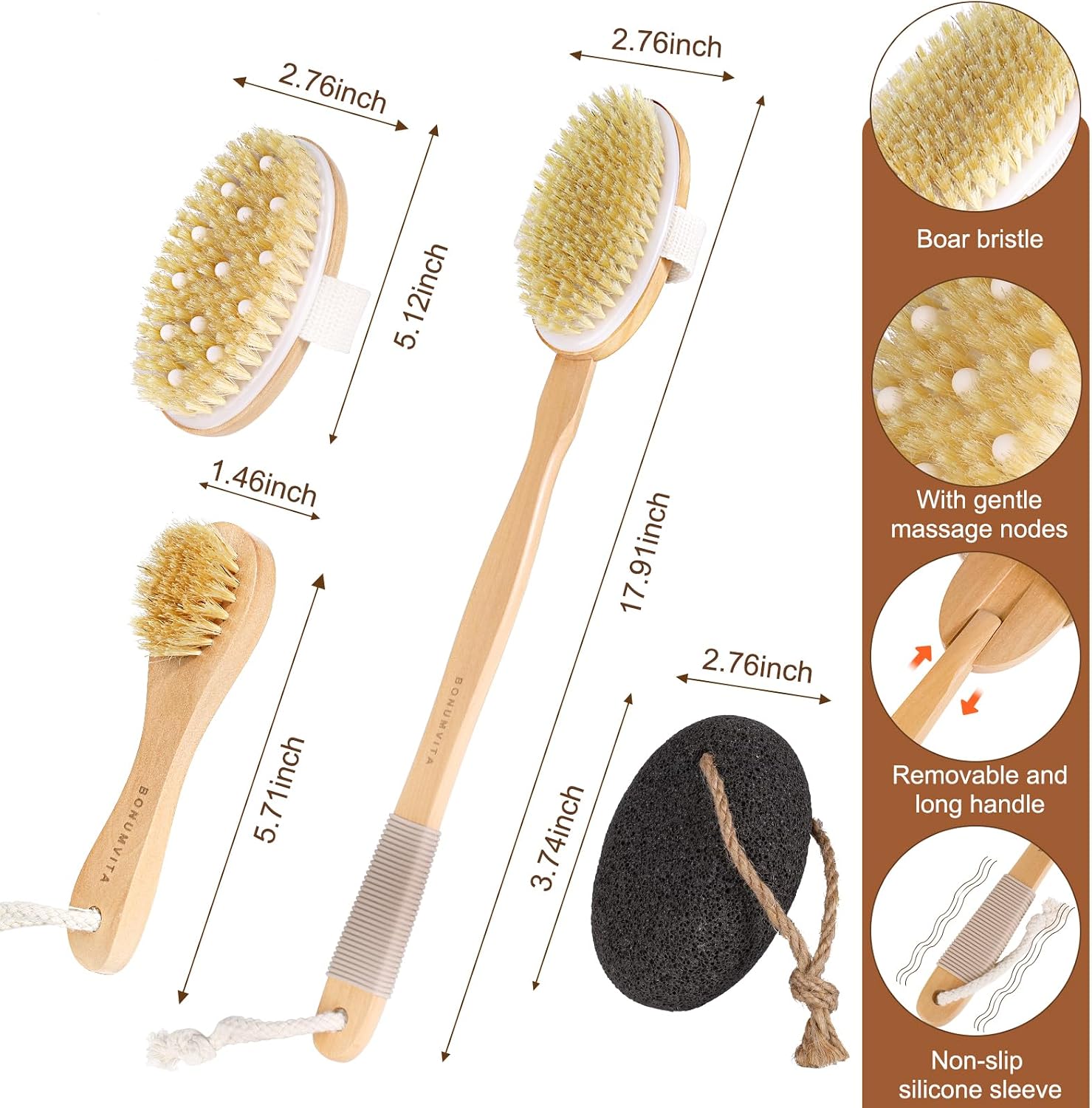 Dry Brushing Body Brush Set- Wooden Long Handle Body Brush Set with Pumice Stone & Face Brush, Boar Bristle Body Bath Scrubber Brush for Lymphatic Drainage & Cellulite, Detachable