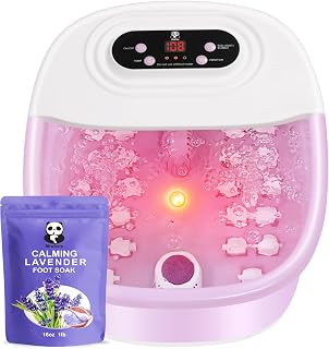 Foot Spa Bath Massager with Heat Bubbles and Vibration Massage and Jets, 16 OZ Calming Lavender Foot Soak Epsom Salt, Foot Soaker with Red Light, 22 Massage Rollers, Adjustable Temp - Pink