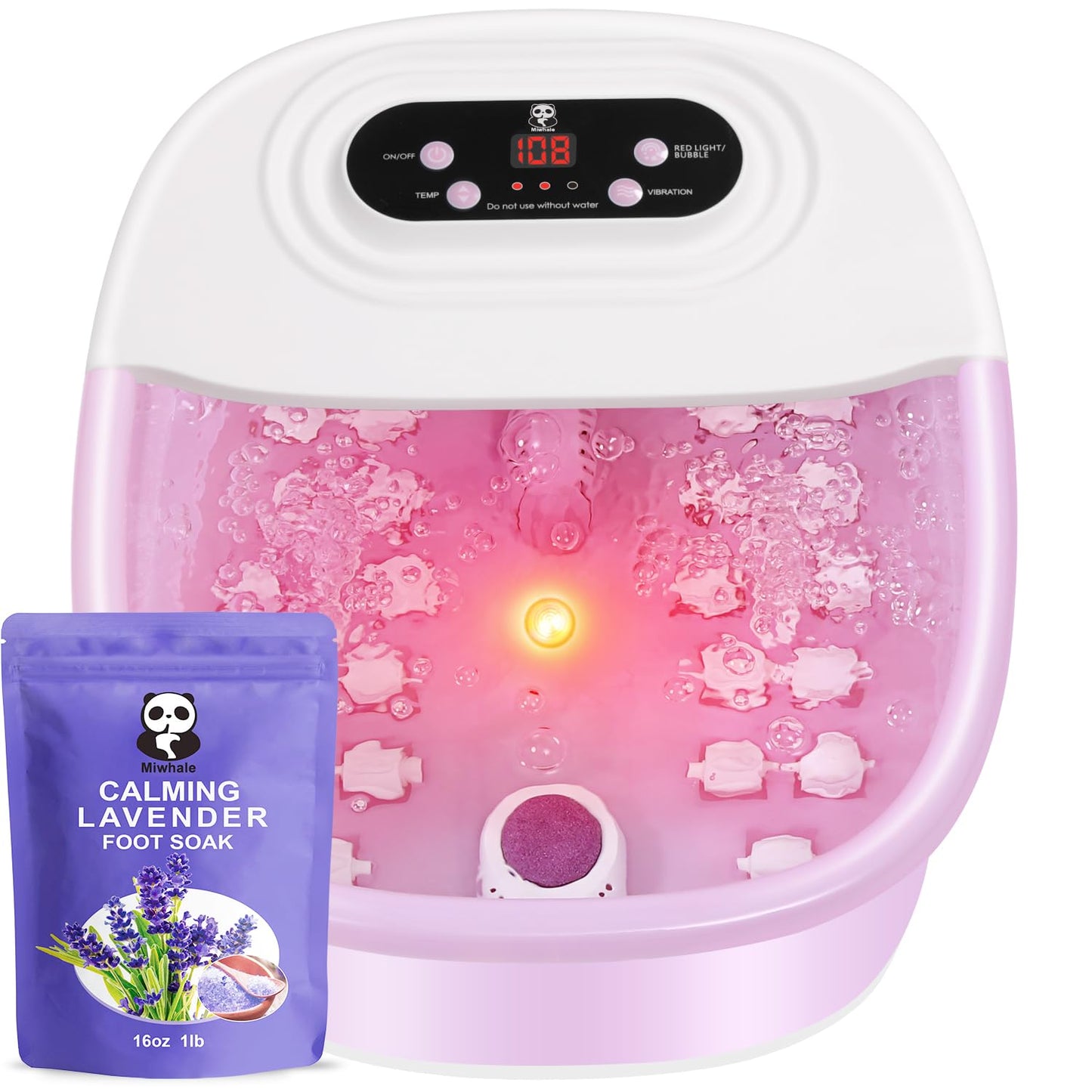 Foot Spa Bath Massager with Heat Bubbles and Vibration Massage and Jets, 16 OZ Calming Lavender Foot Soak Epsom Salt, Foot Soaker with Red Light, 22 Massage Rollers, Adjustable Temp - Pink