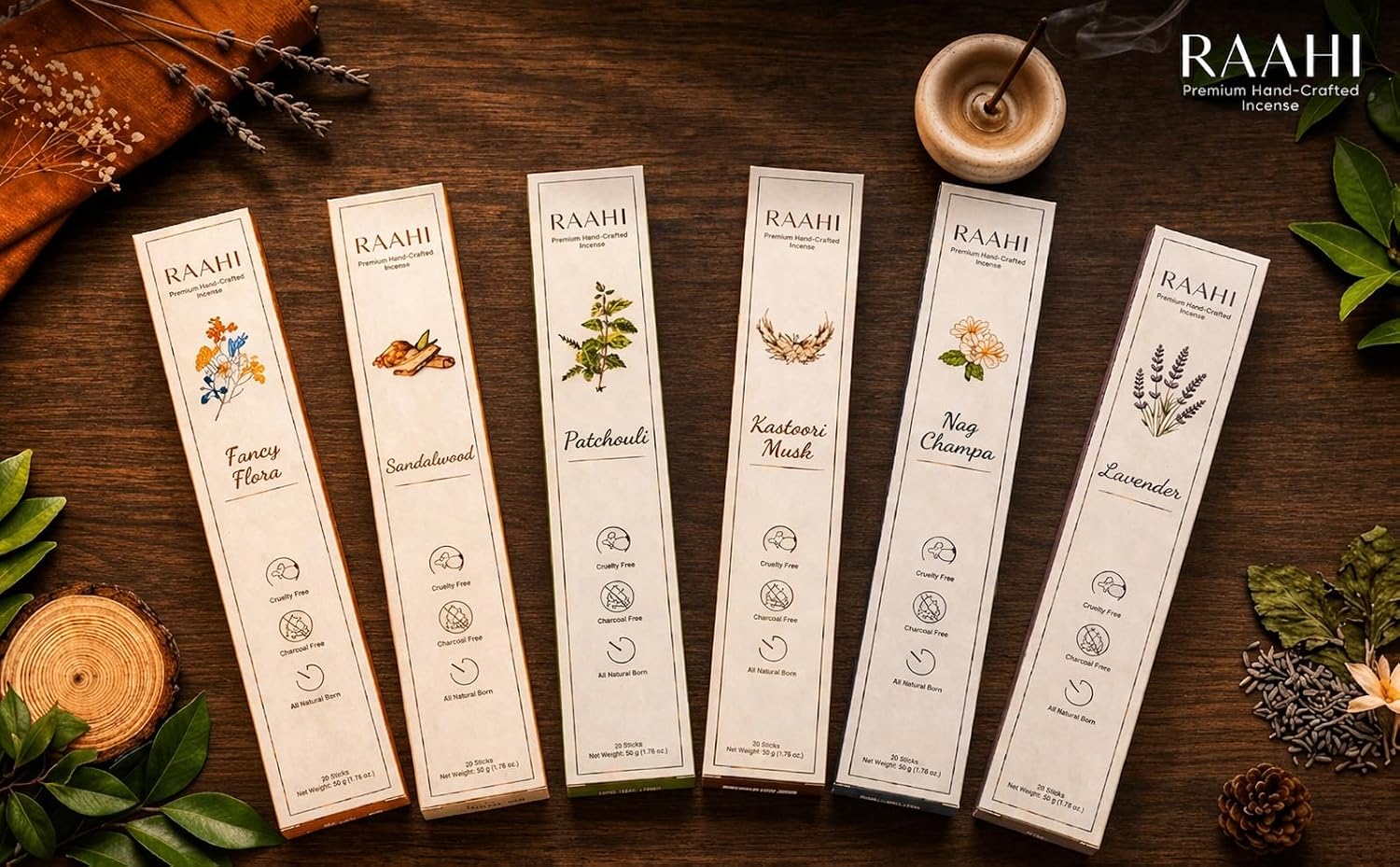 RAAHI Kastoori Musk Incense Sticks with Holder, 120 Count, Handcrafted Scented Incense for Home Fragrance, Meditation, Yoga and Room Ambiance
