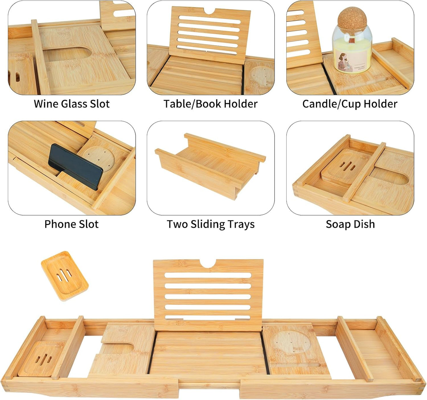 Bathtub Tray Caddy,Bamboo Bathroom Accessories,Expandable Bath Tray,Can be Placed Book and Integrated Tablet Smartphone and Wine Holder,Relaxing Gifts for Women(Natural)