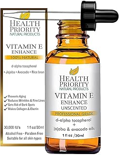 Health Priority Naturals|Organic Vitamin E Oil for Skin - Jojoba, Avocado Oil - Unscented, Handcrafted for Face/Hair, Non-GMO, No Gluten, 30000 IU, 1 Fl oz