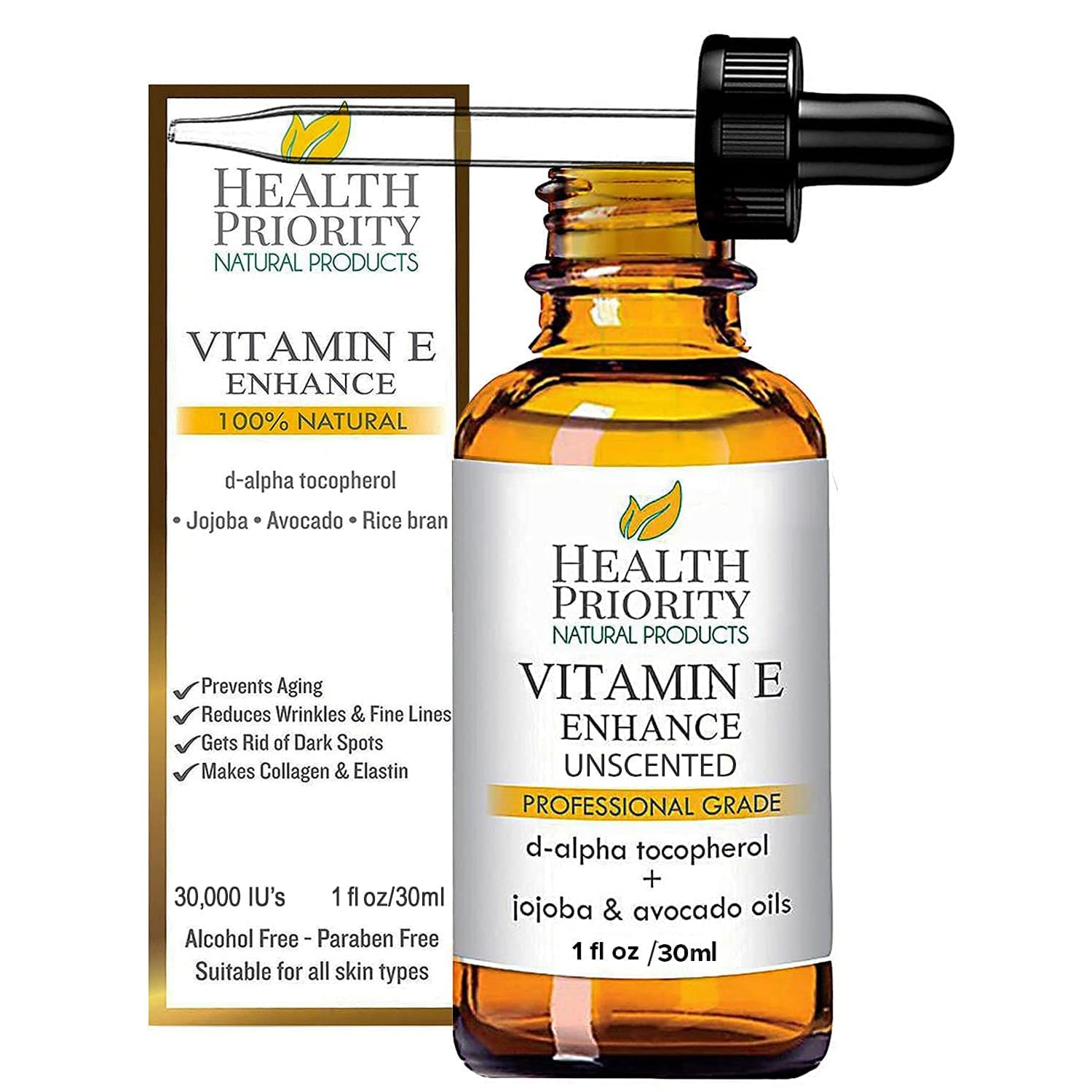 Health Priority Naturals|Organic Vitamin E Oil for Skin - Jojoba, Avocado Oil - Unscented, Handcrafted for Face/Hair, Non-GMO, No Gluten, 30000 IU, 1 Fl oz