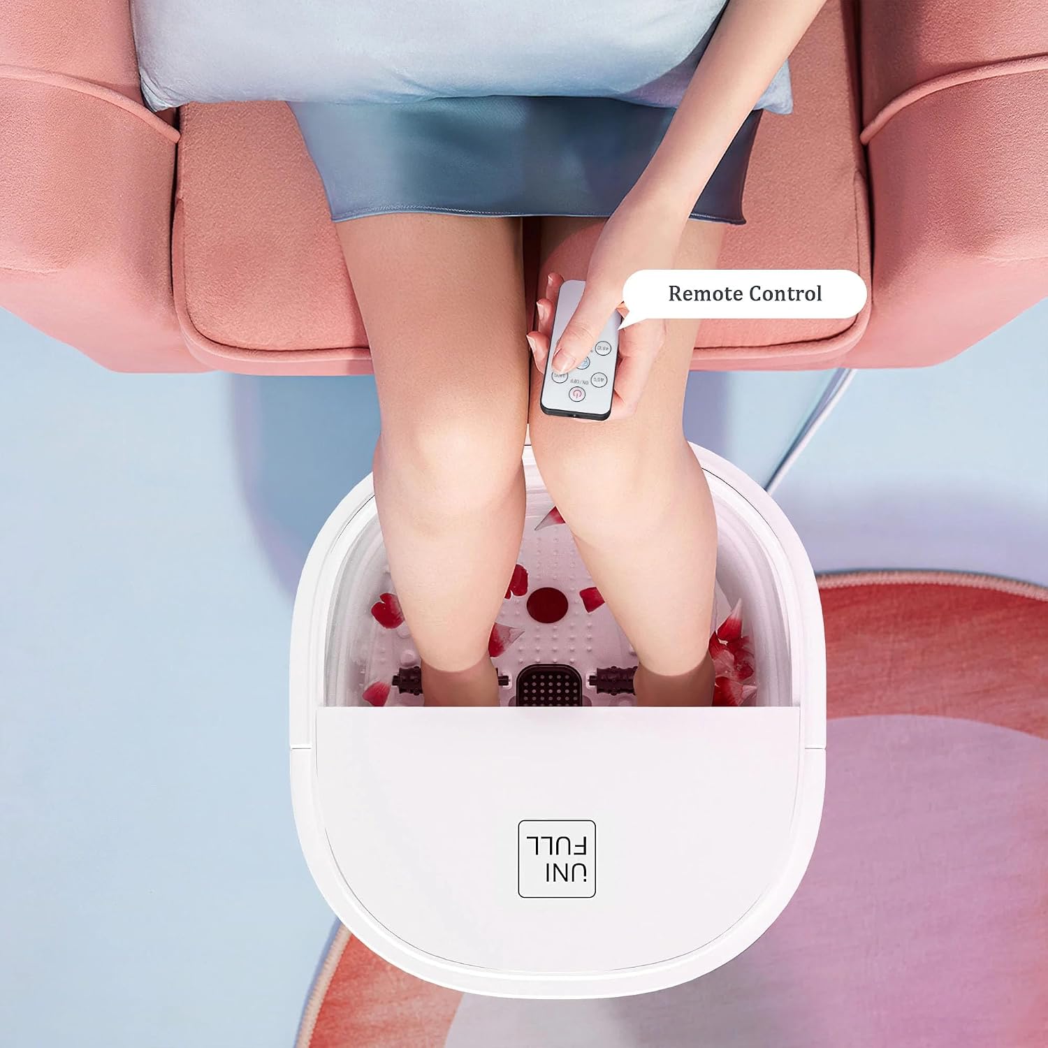 UNIFULL Foot Spa Bath with Heat and Temperature Control, Massager Roller, Bubble, Remote Control, Pedicure Kit, Red Light, Large Heating Foot Bath-White