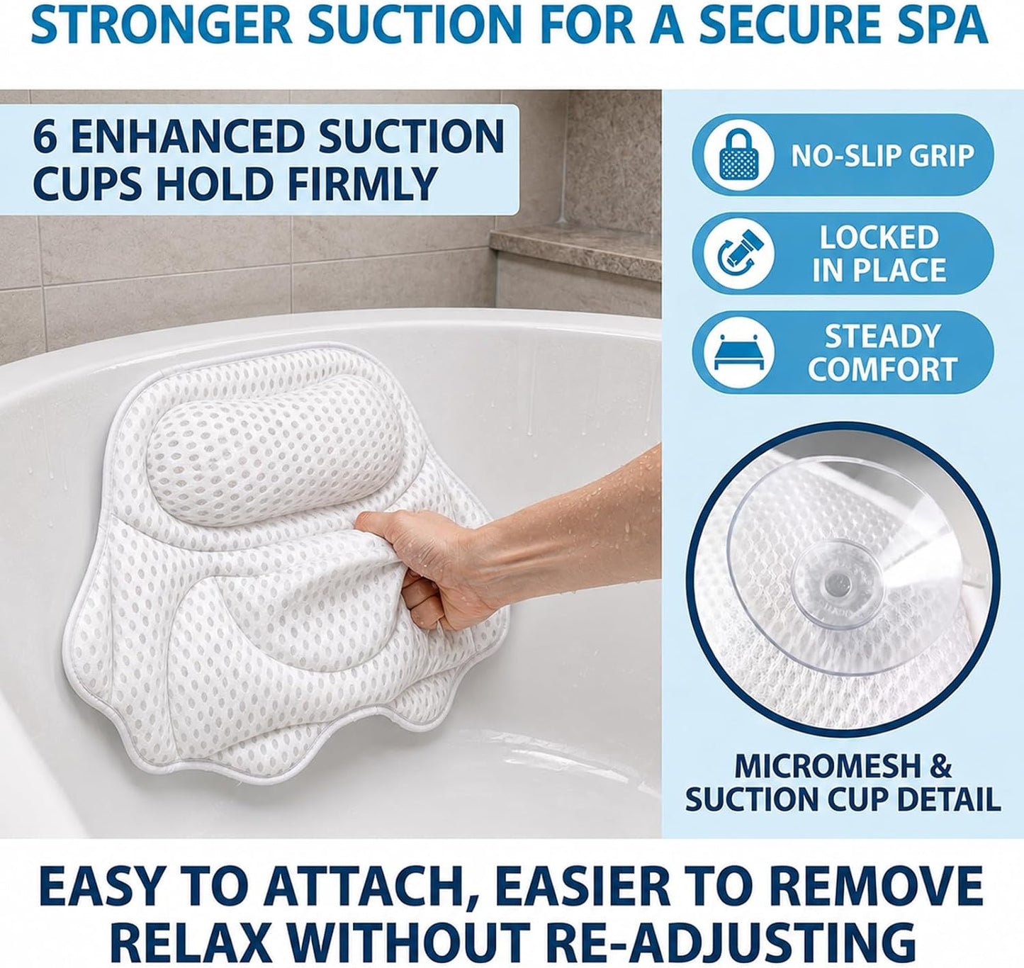 Luxury Bath Pillow for tub Supporting Head, Neck and Back, Ergonomic 4D Air Mesh Bathtub Cushion with 6 Non-Slip Suction Cups and Drying Hook for Soaking Tub and Home Spa Relaxation