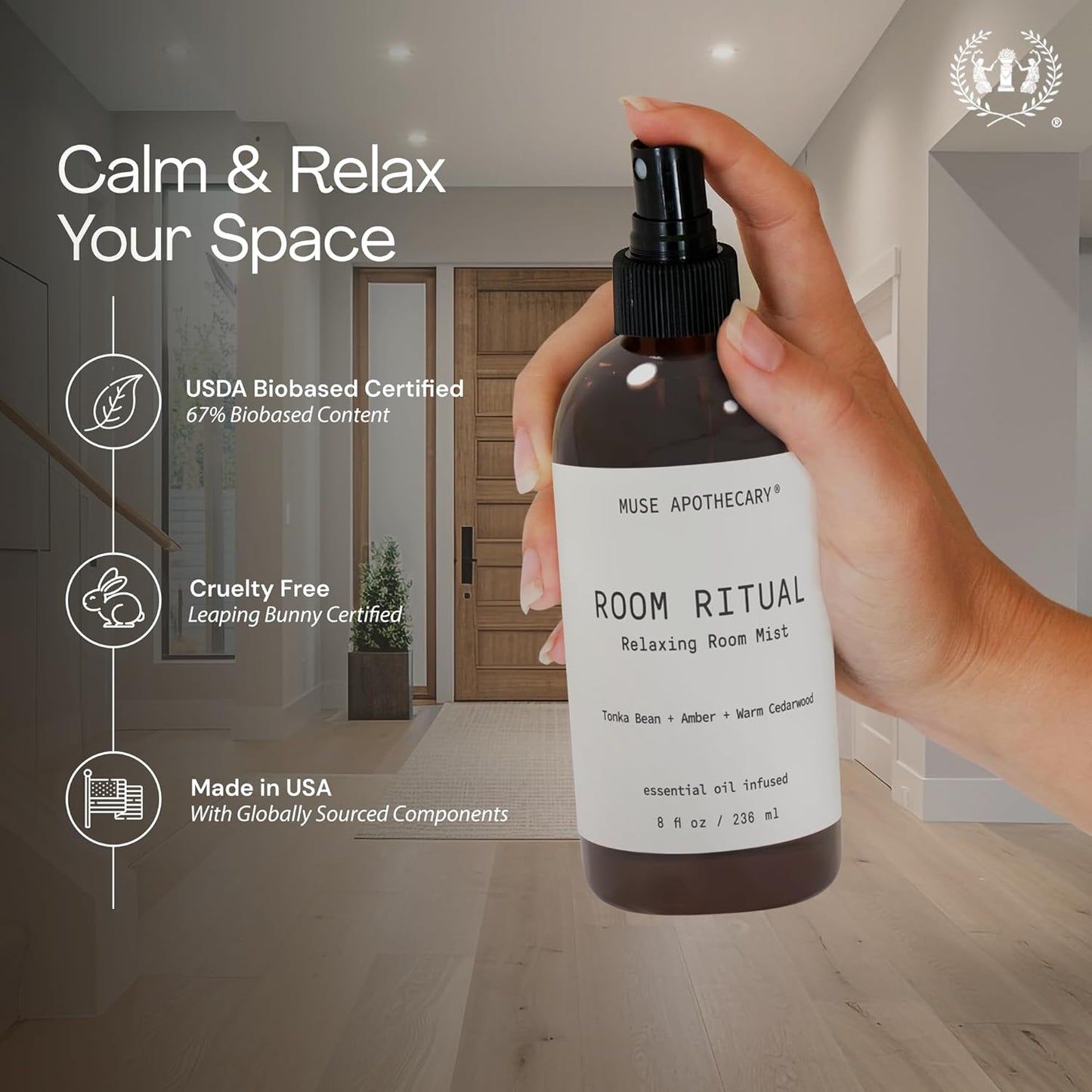 Muse Apothecary Room Ritual - Aromatic and Relaxing Room Mist, Infused with Natural Essential Oils - 8oz, Cara Orange + Fig + Blackberry Vanilla