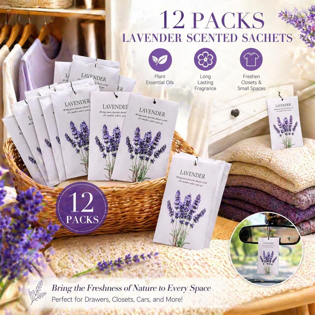 12 Pack Scented Sachets Lavender Jasmine Air Freshener Bags Fragrance Sachet Drawer Closet Deodorizer Home Fragrance Sachets for Wardrobe Bathroom Car