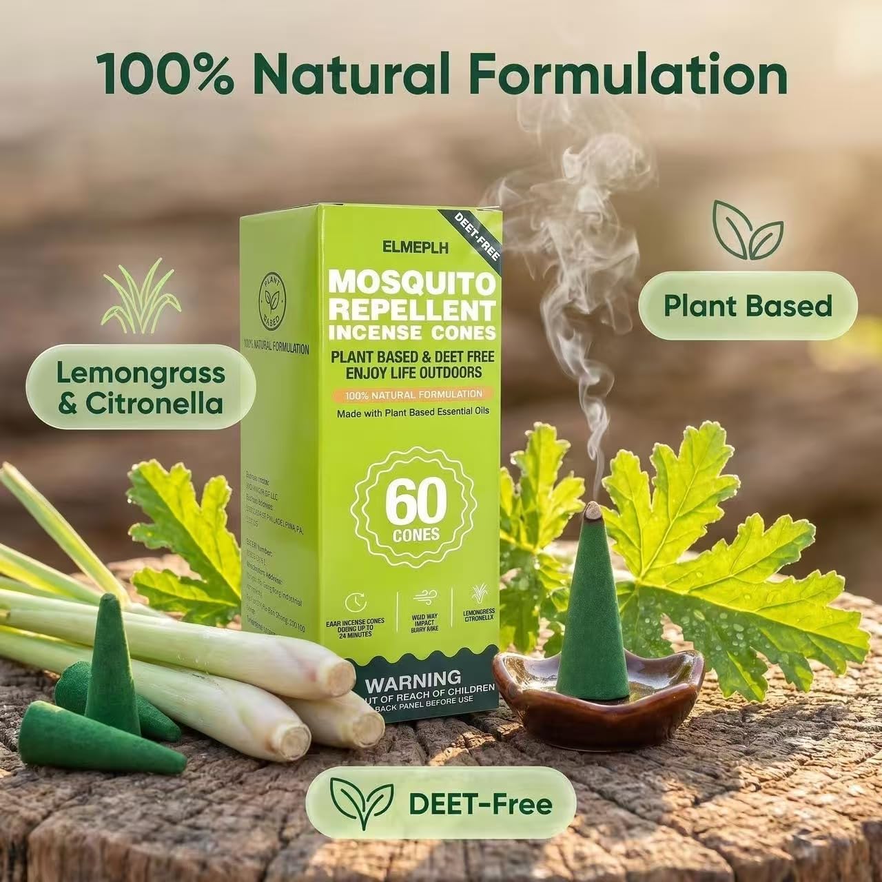 Mosquito Repellent Cones 60 Pcs - Outdoor Citronella Incense Cones, Long Lasting Citronella Scent, Effective for Patio, Garden, Camping