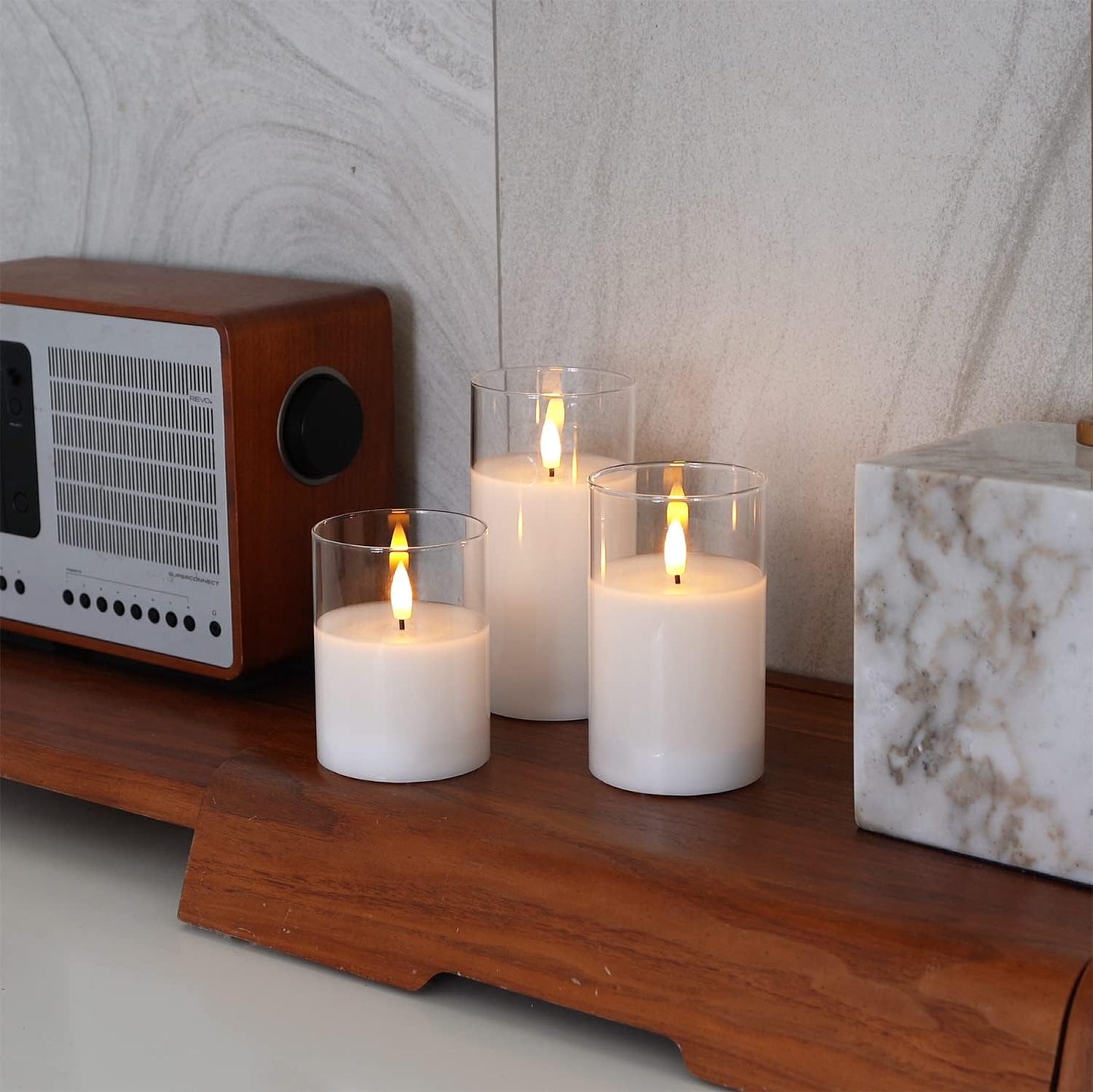 Amagic Clear Glass Flameless Candles Battery Operated with Timer, Remote Control, LED Pillar Candles, Battery Powered, Valentine's Day Decor, Pure White Wax, Set of 3