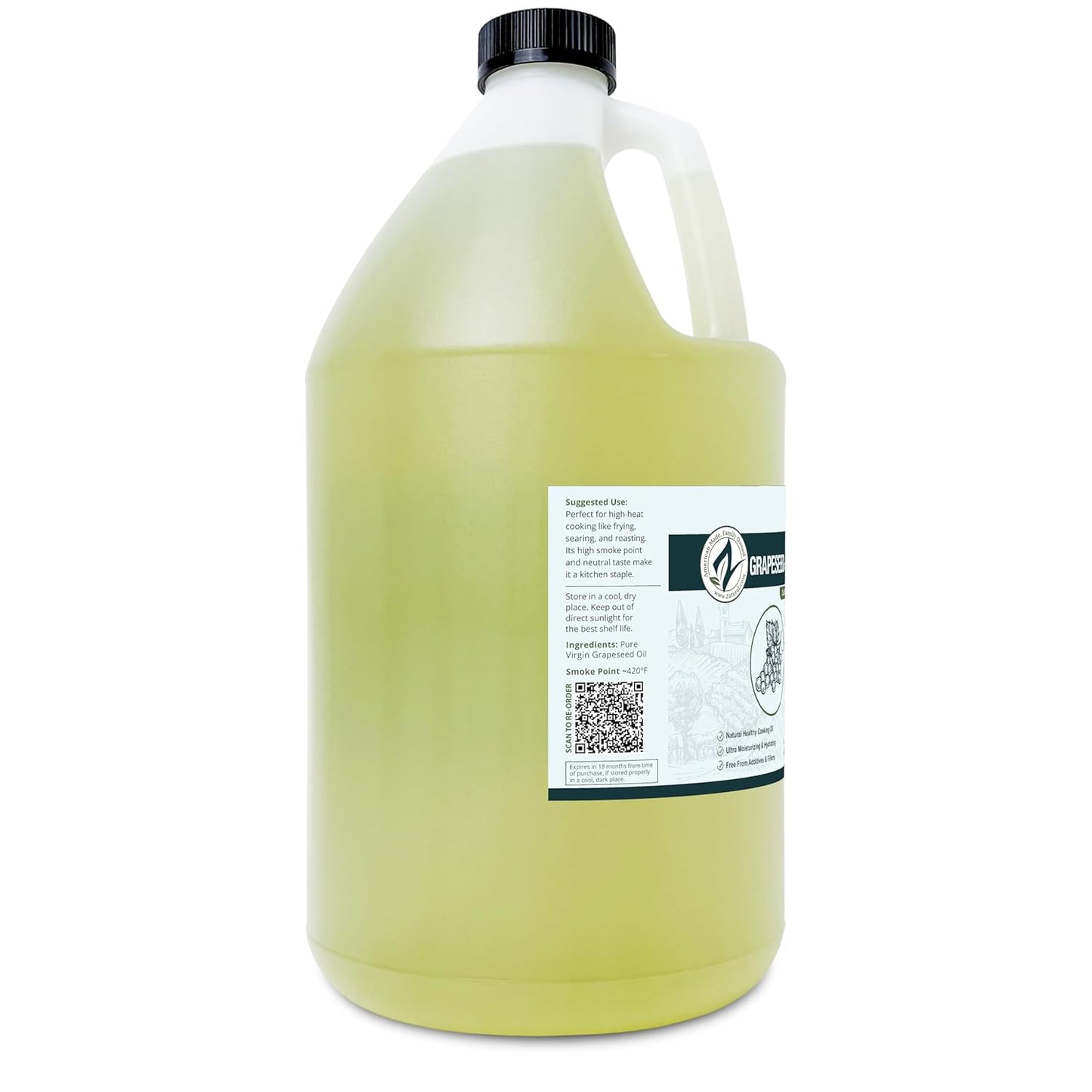Zatural Grapeseed Oil Naturally Grown 100% Pure Cold Pressed Virgin High Tempurature Cooking Oil 128oz (1 Gallon)